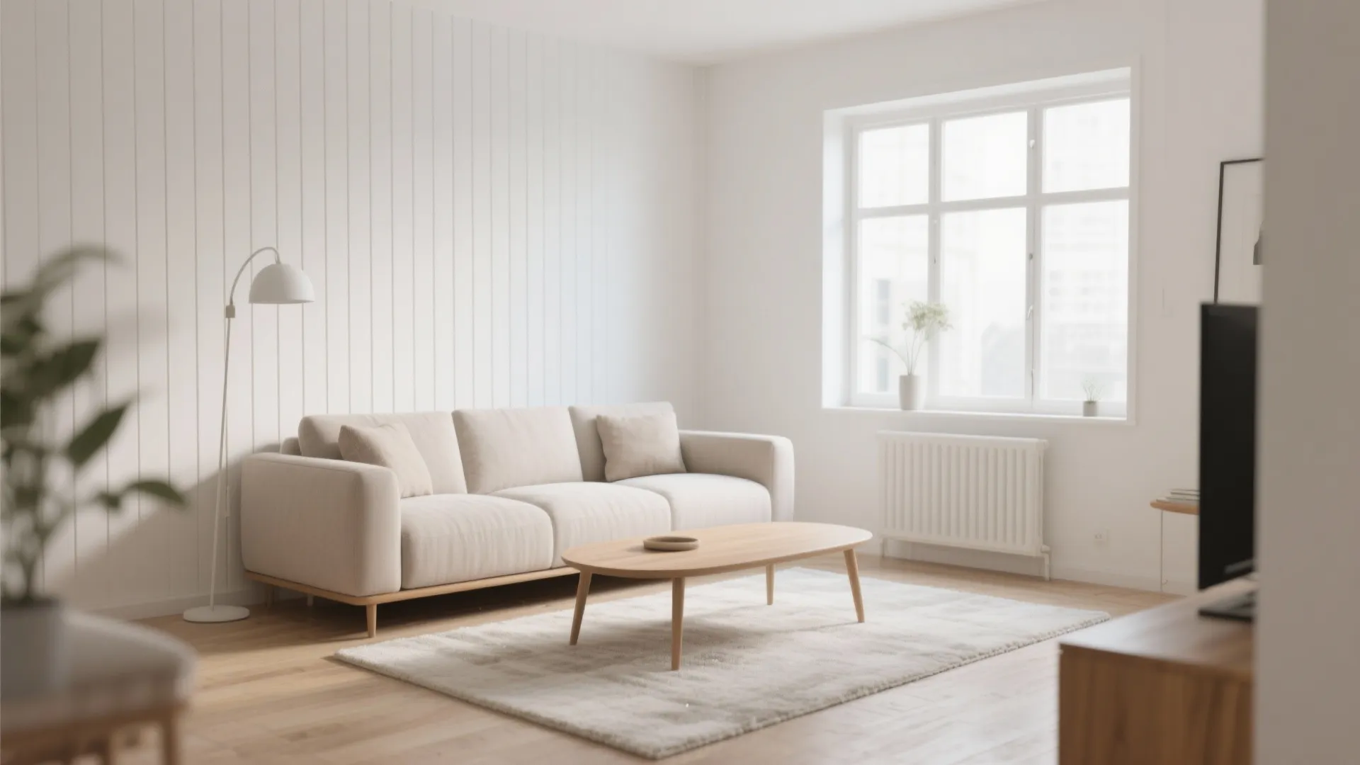 Modern living room with a white sofa wooden coffee table floor lamp and striped wall panels