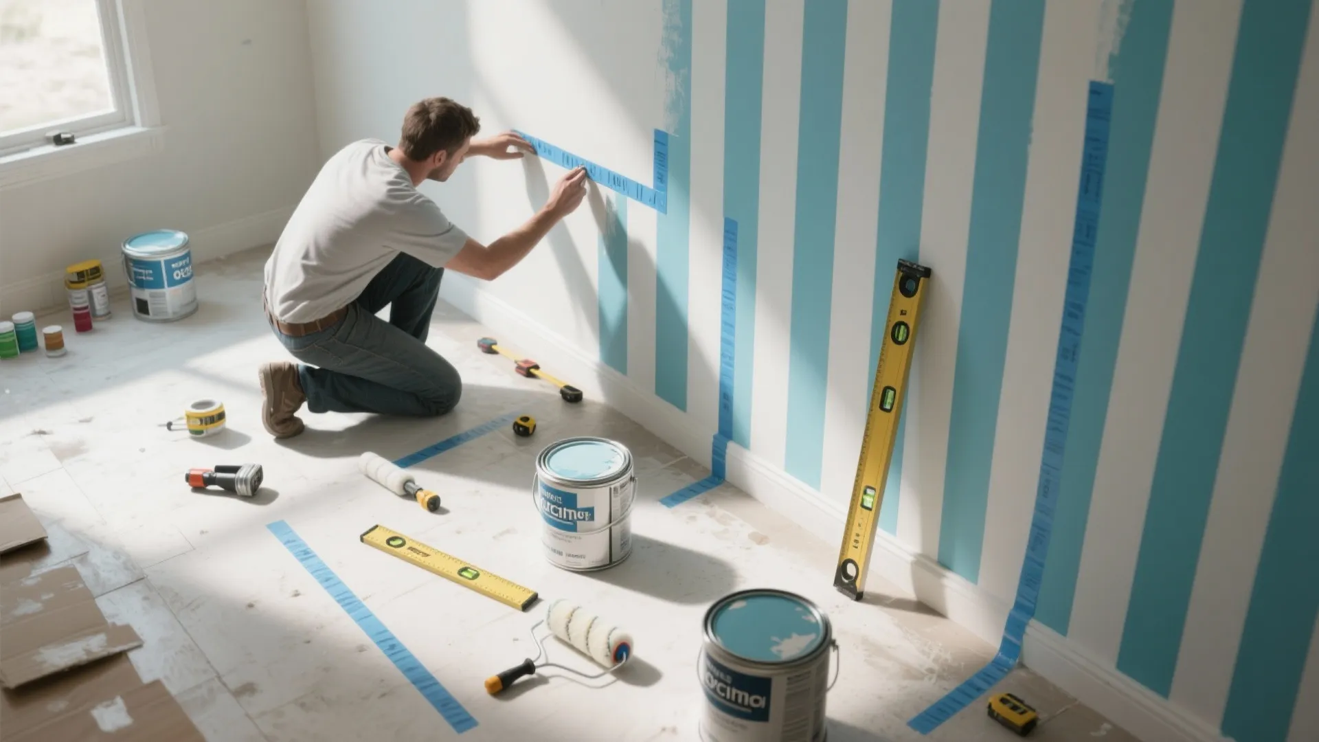 Man applying blue tape on white wall for vertical stripes with paint cans and level