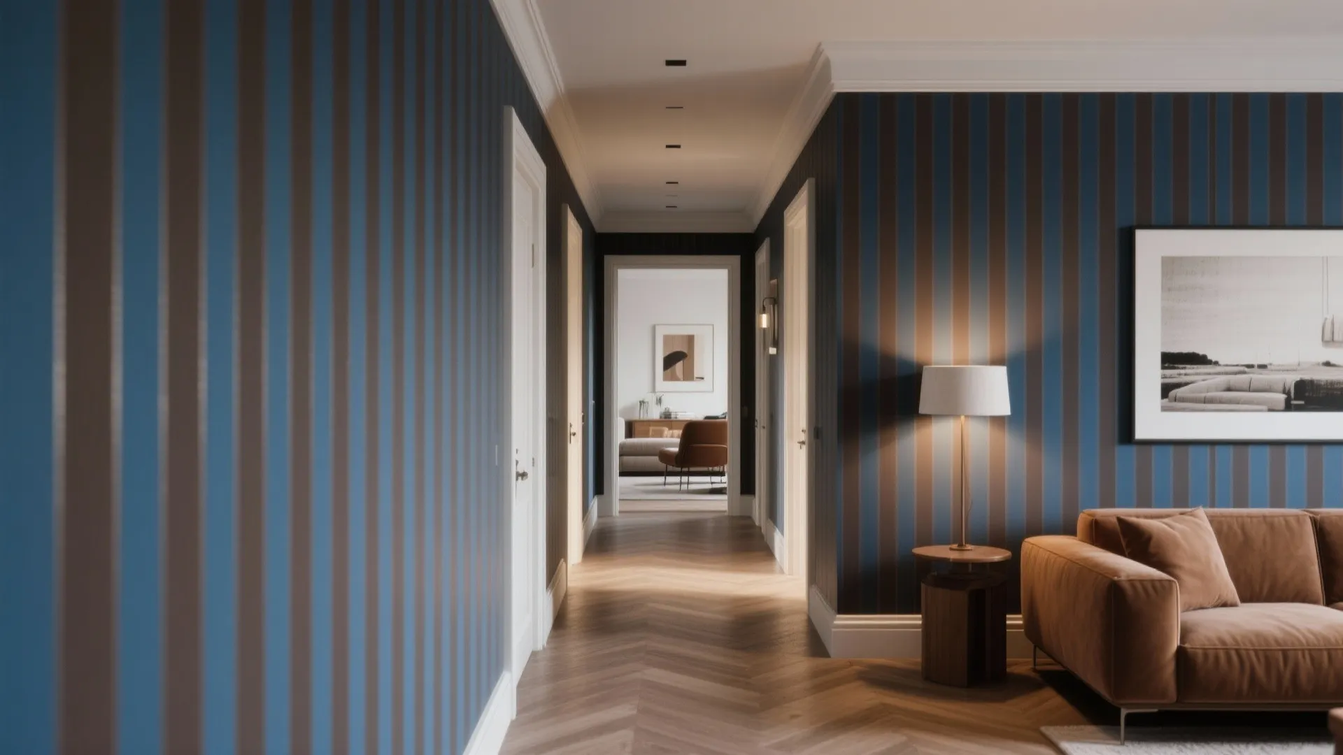 Modern hallway with blue striped wallpaper wooden floor brown sofa floor lamp and white door frames