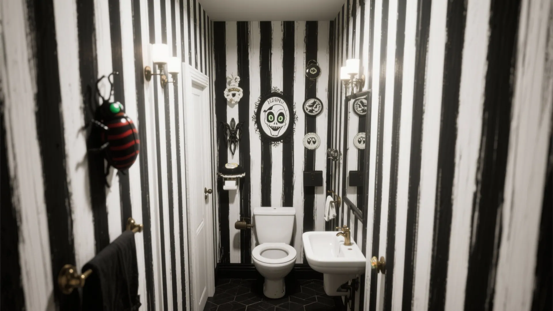 Small bathroom with black and white striped wall panel, toilet, sink, and scary wall decorations