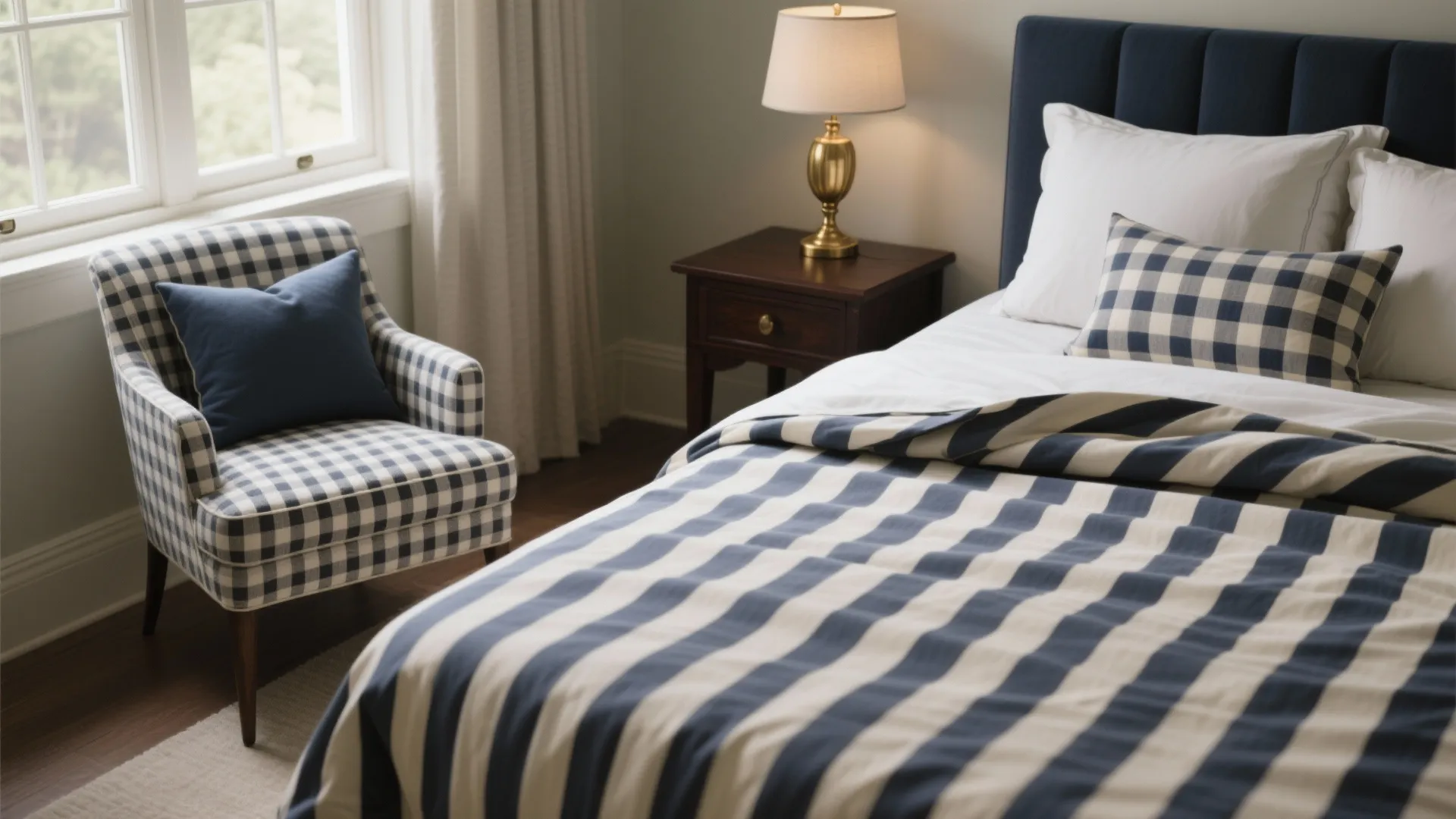 Bedroom featuring blue and white striped bedding with checkered armchair and a small wooden table