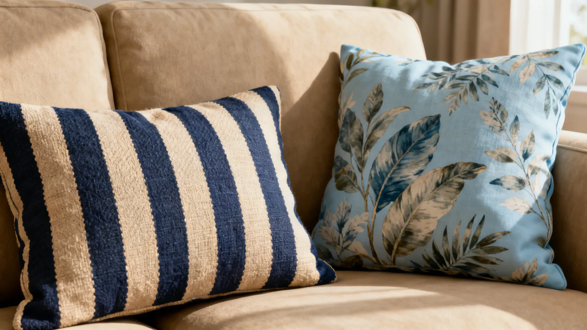 Striped navy-and-beige cushion paired with soft-blue botanical print cushion on beige sofa.