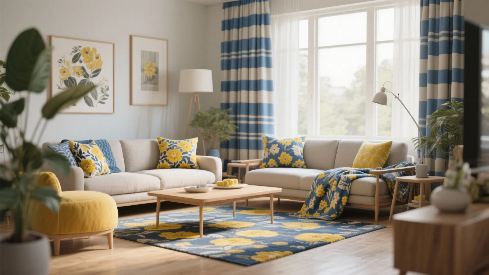 4. Pattern Play: Blue Stripes + Yellow Florals