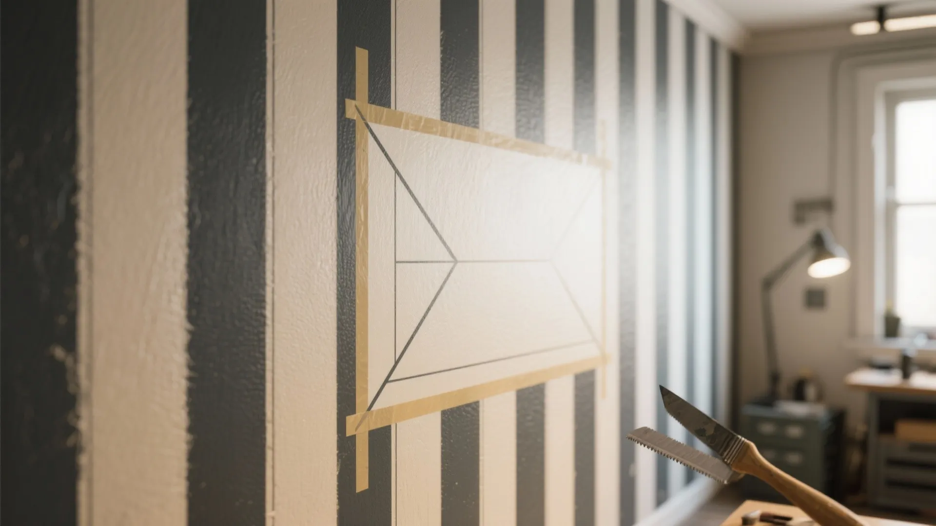 Close up of striped wall with tape used to create geometric patterns for interior painting