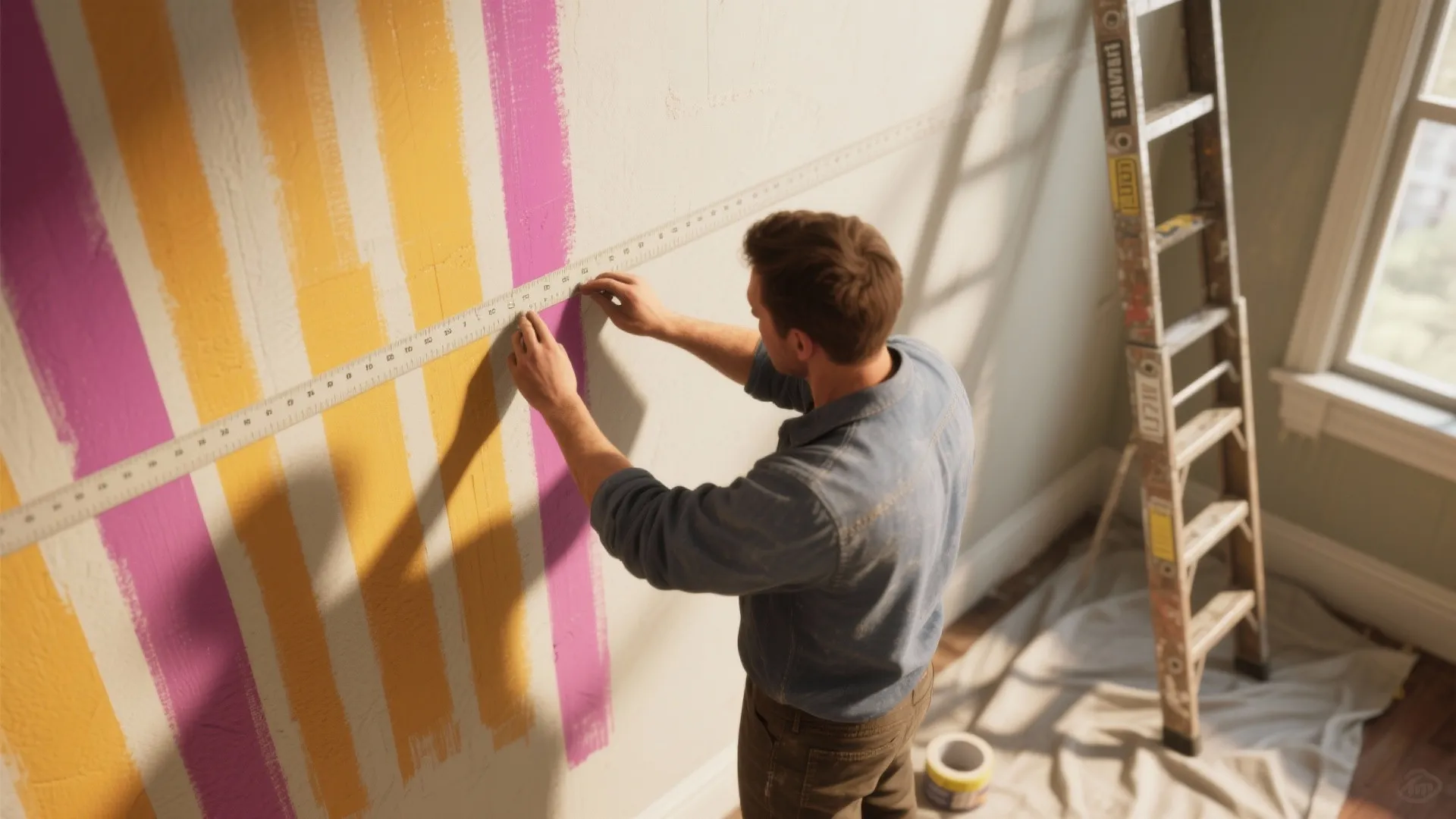 Man using a long ruler to measure vertical yellow and pink stripes on a wall
