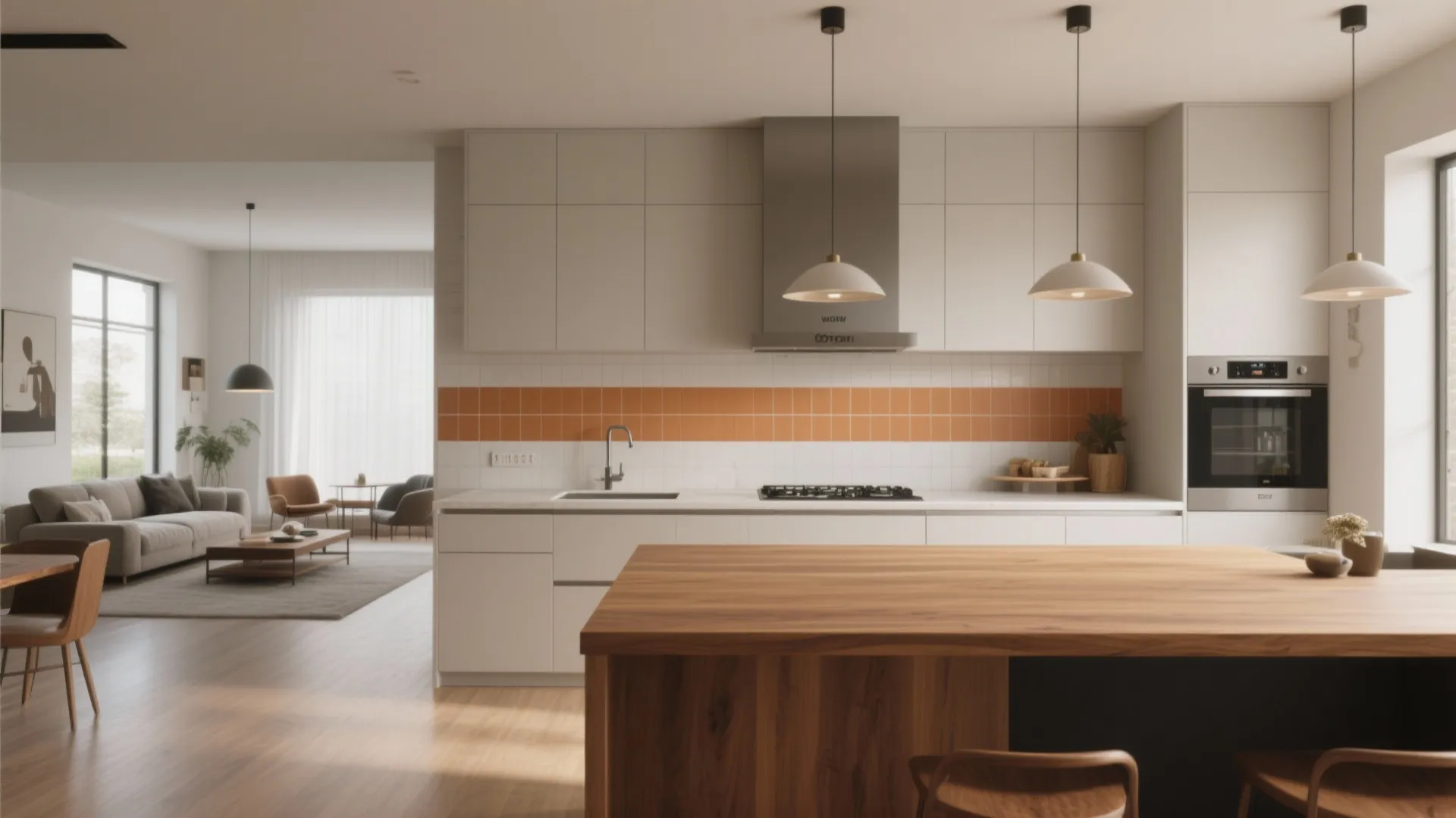 Open plan kitchen and living room featuring white cabinets orange tile strip and wooden kitchen island