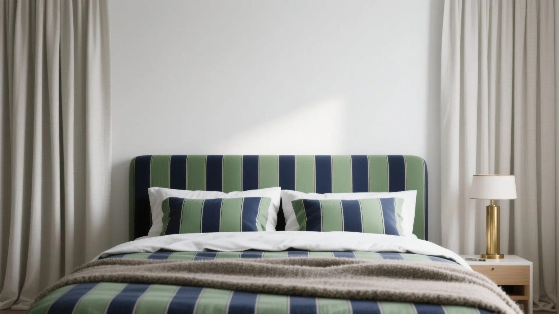 Bedroom with green and blue striped bed white walls grey curtains and gold table lamp