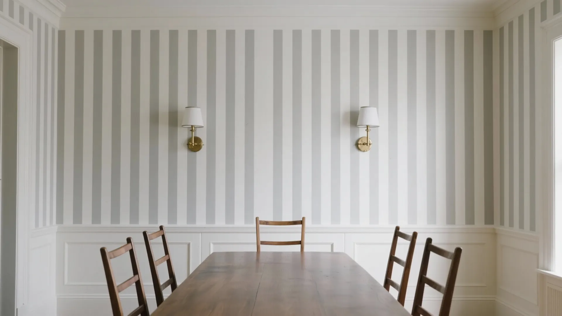 Dining room featuring striped wallpaper white wall panels two wall lights and a wooden dining table