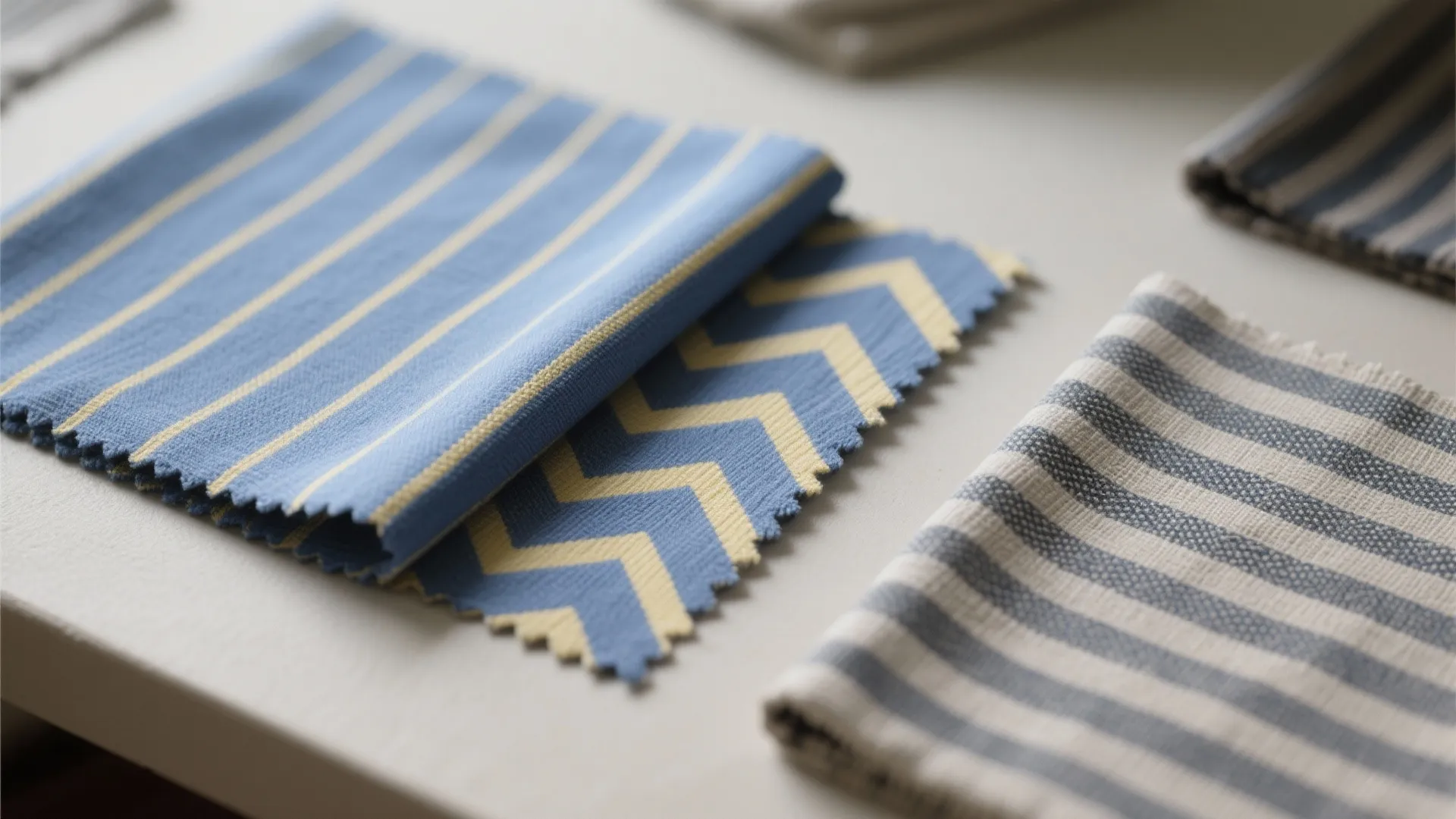 Close up of blue and yellow striped fabric samples with chevron patterns on a white table