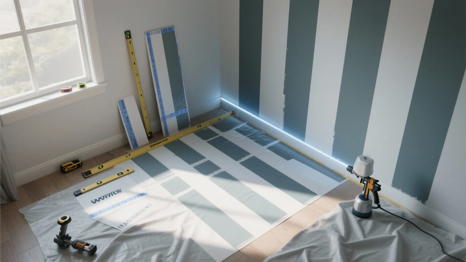 Painting supplies and a paint sprayer in a room with vertical white and blue stripes
