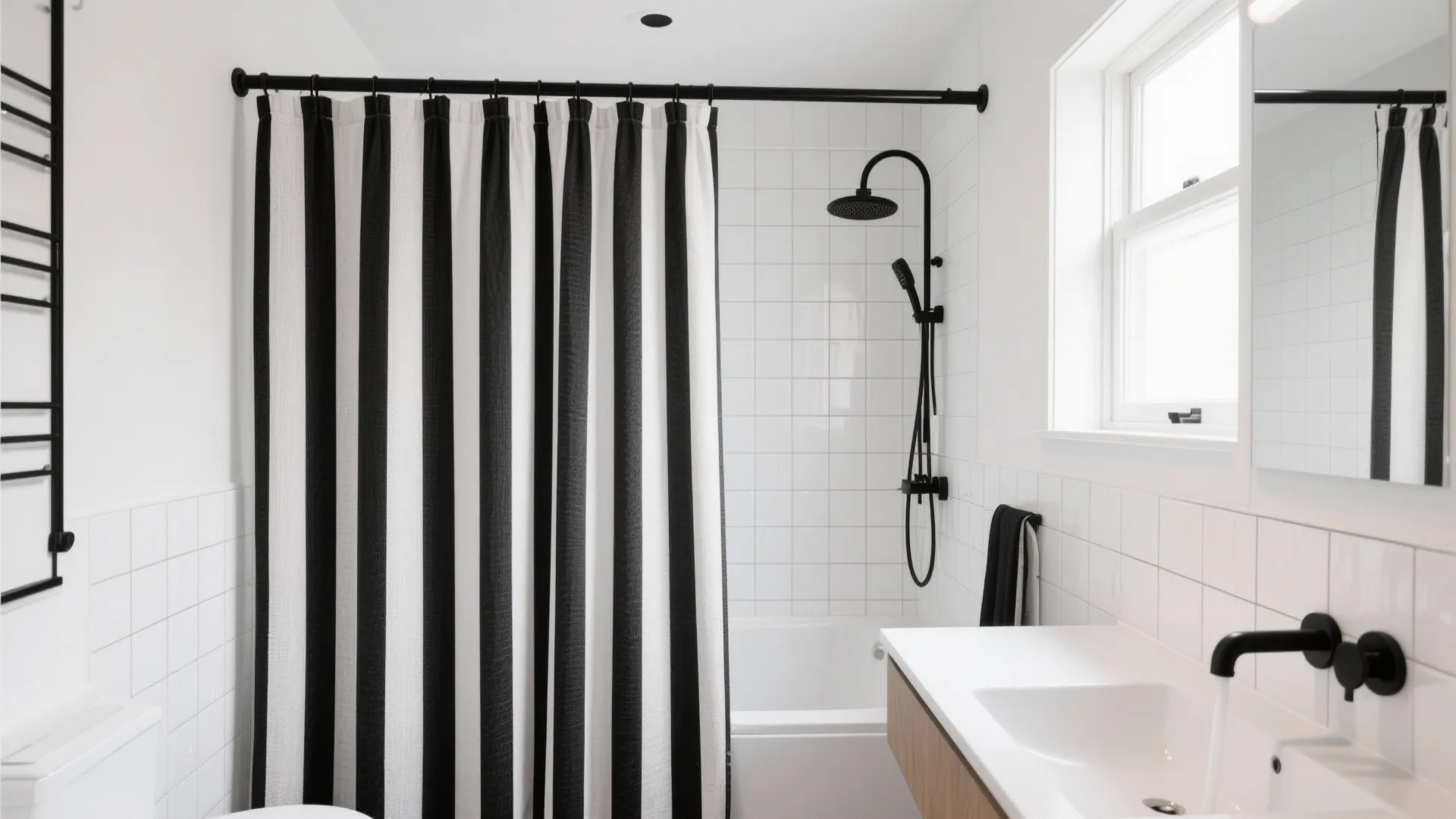 Modern bathroom with black and white striped shower curtain white tile walls and black shower