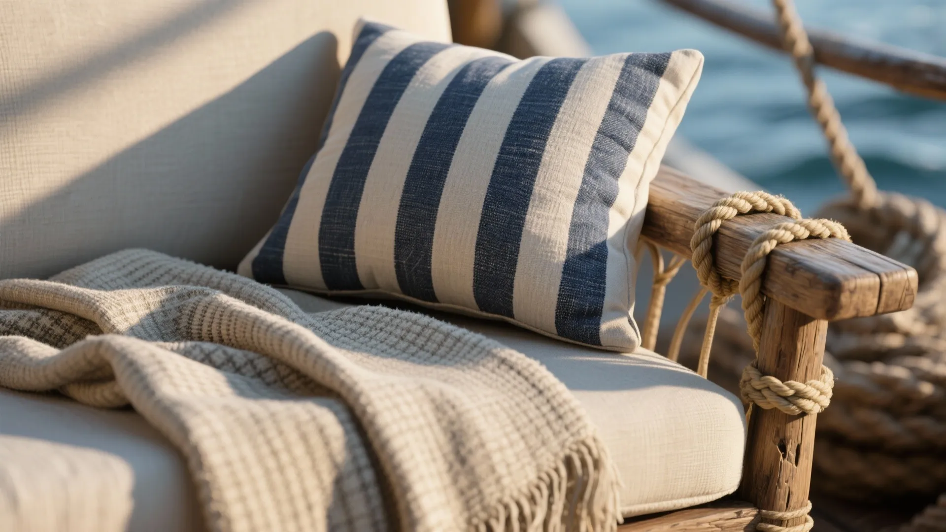 Close up of blue striped pillow and beige blanket on wooden outdoor sofa with sea view