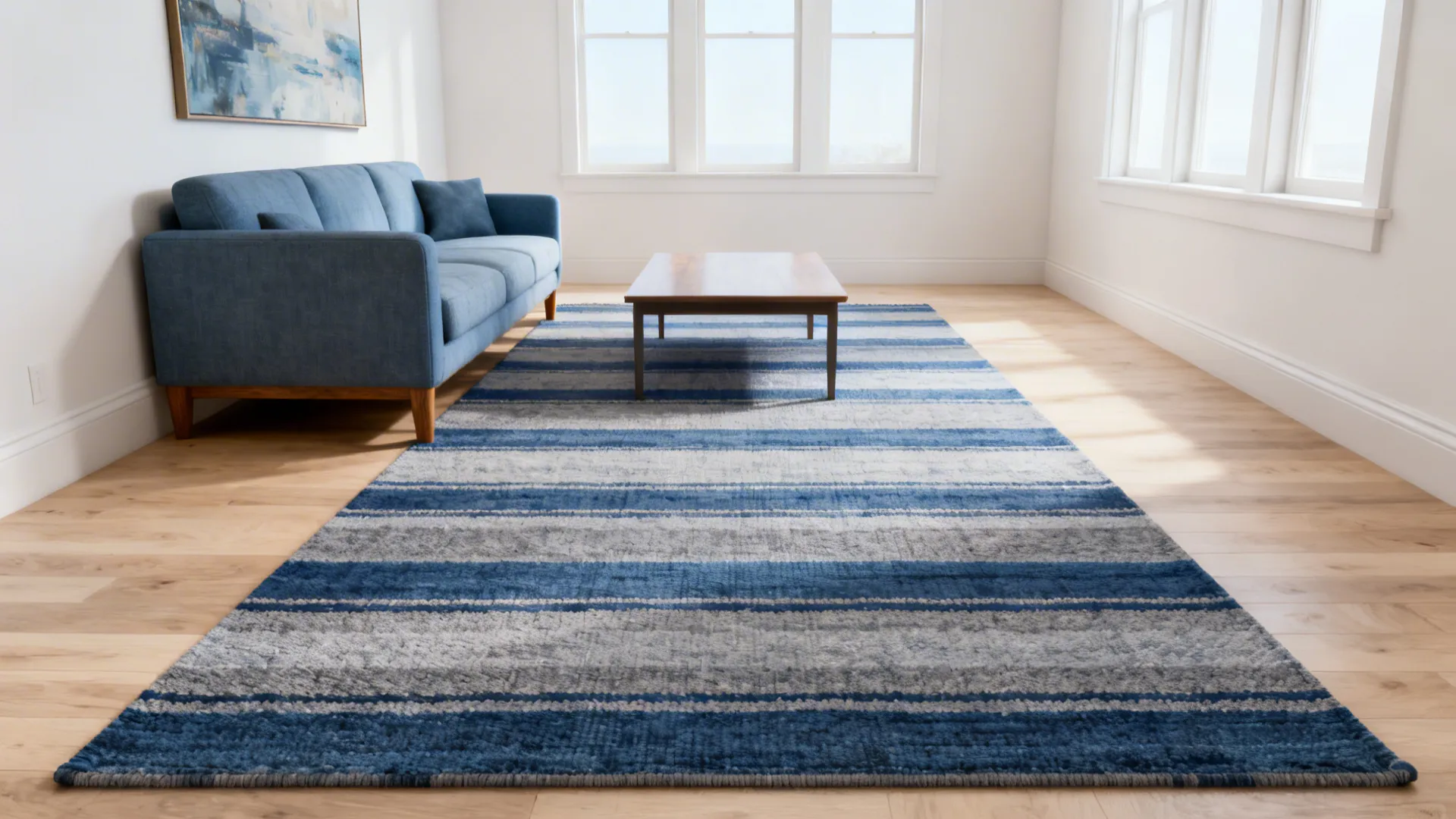 Small living room with horizontal blue-and-grey striped rug creating a wider feel.