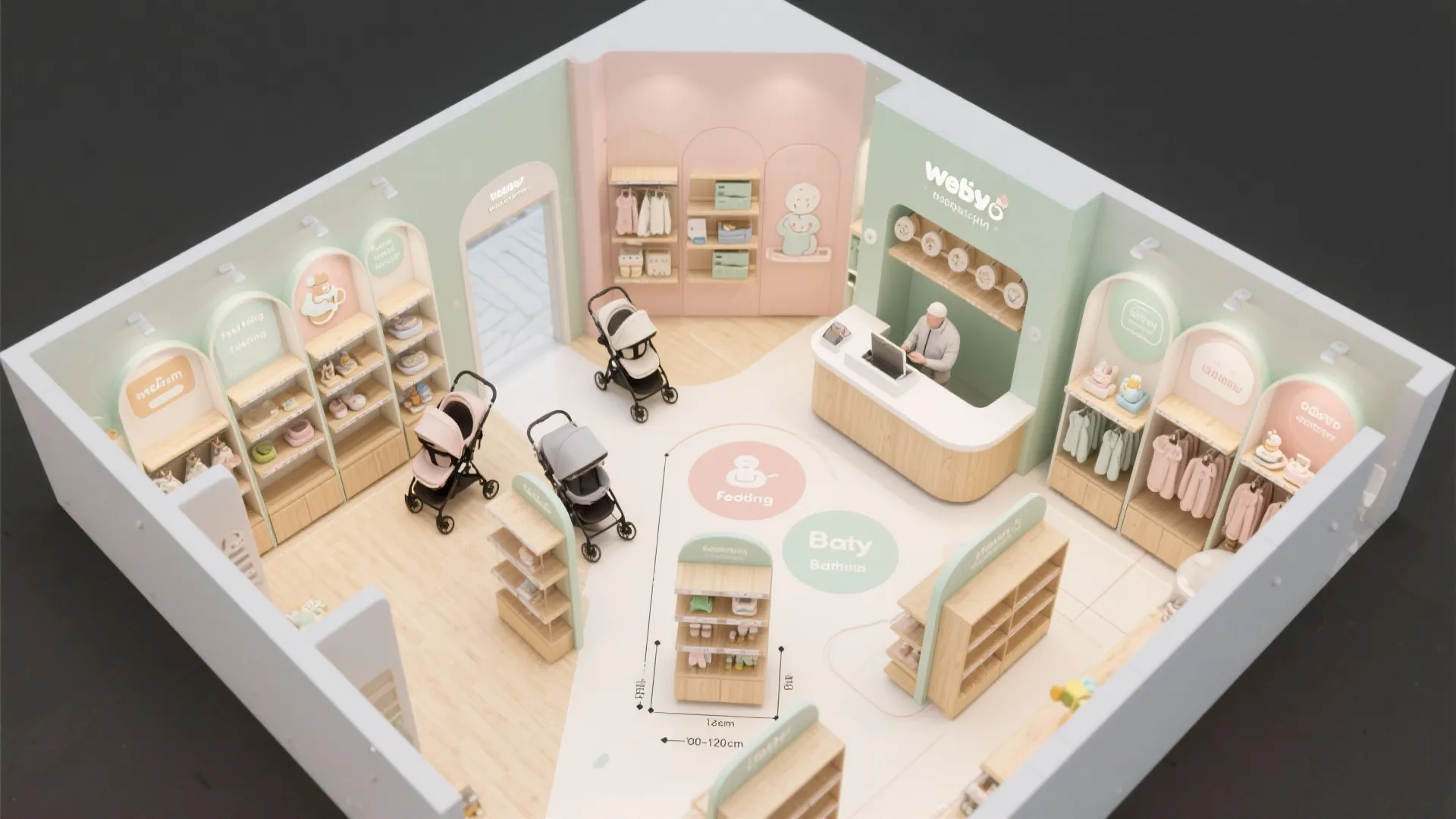 Top-down plan of stroller-friendly baby boutique with clear aisle widths, icon wayfinding, floor graphics, and calm cash wrap.