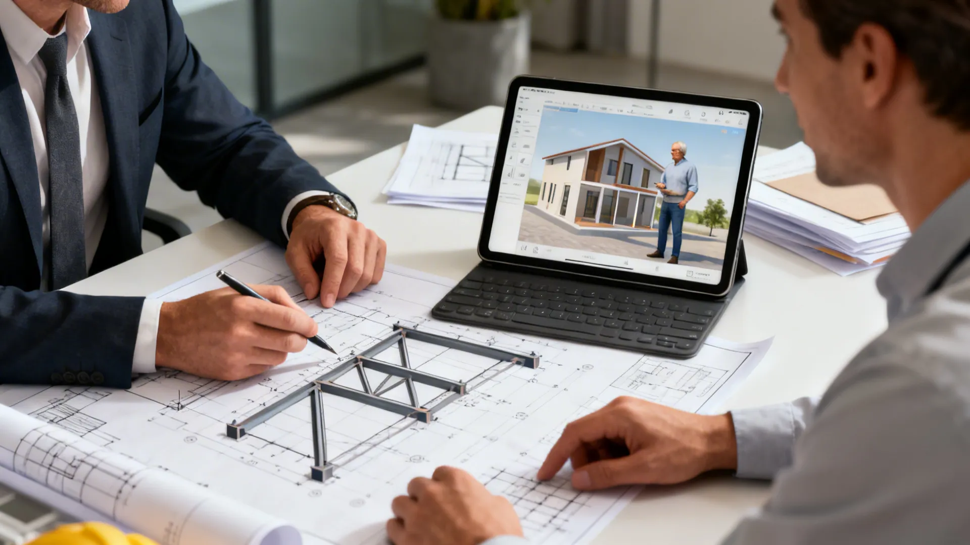 Designer and homeowner reviewing structural drawings and a 3D model during a consultation