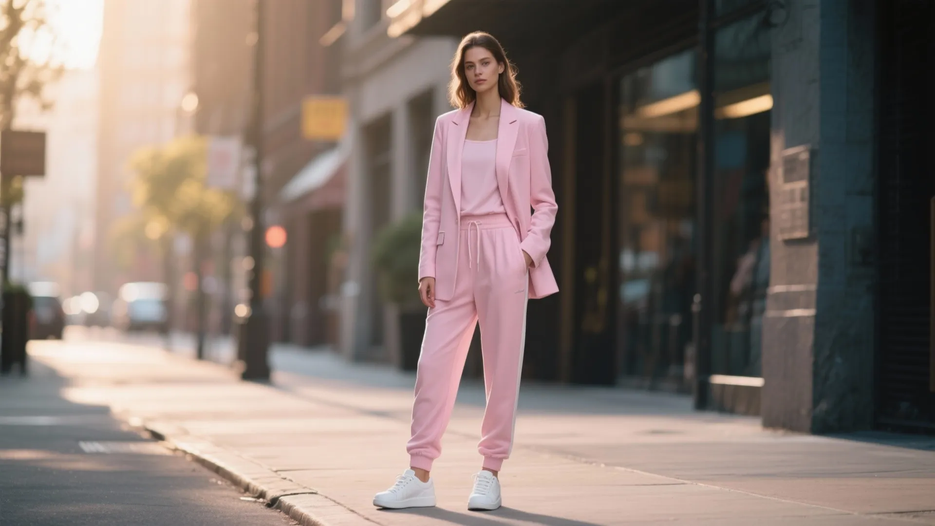 Model pairs a light pink tracksuit with a tailored blazer and white sneakers in a city setting.