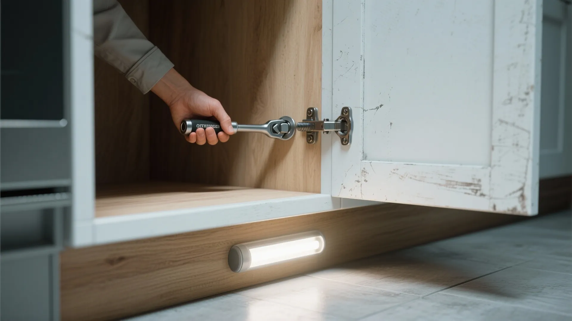 Hand using a small metal tool to adjust a door hinge inside a white kitchen cabinet