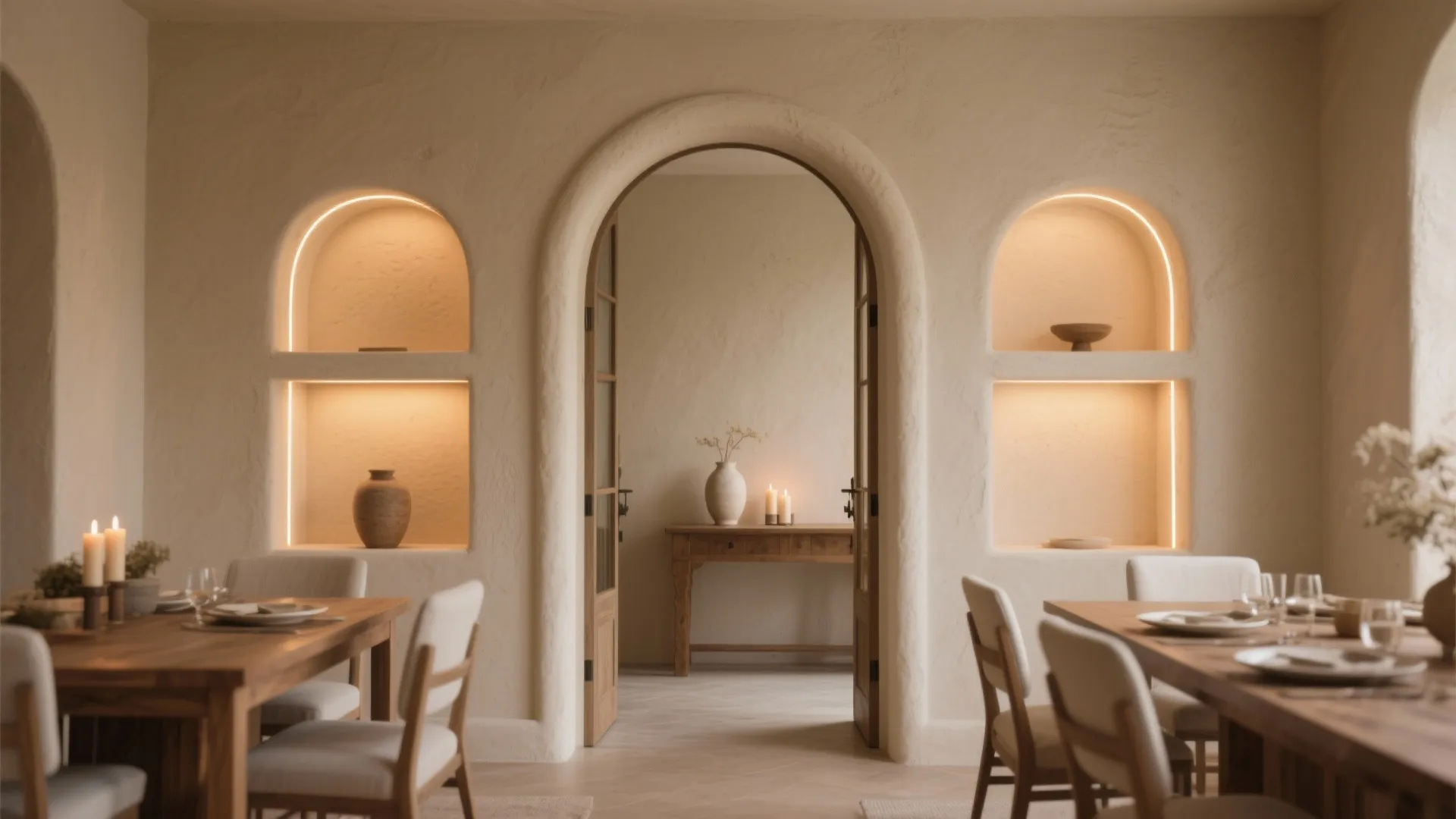 Warm dining room with arched wall niches and wooden tables under soft glowing light fixture strips