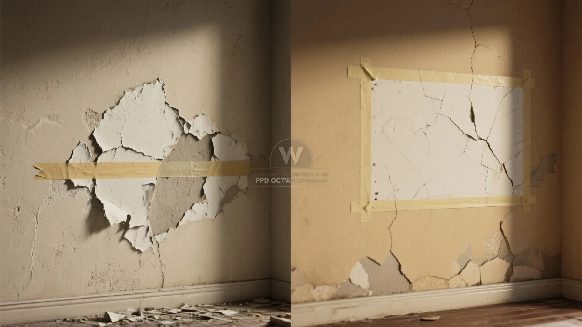 Before-and-after comparison of a cracked wall with peeling paint being repaired using paper and tape