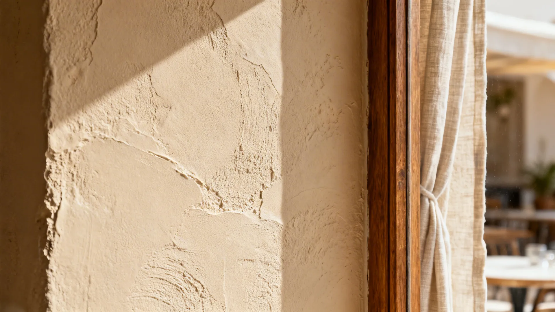 Textured beige wall finish next to a wooden window frame with a light colored curtain