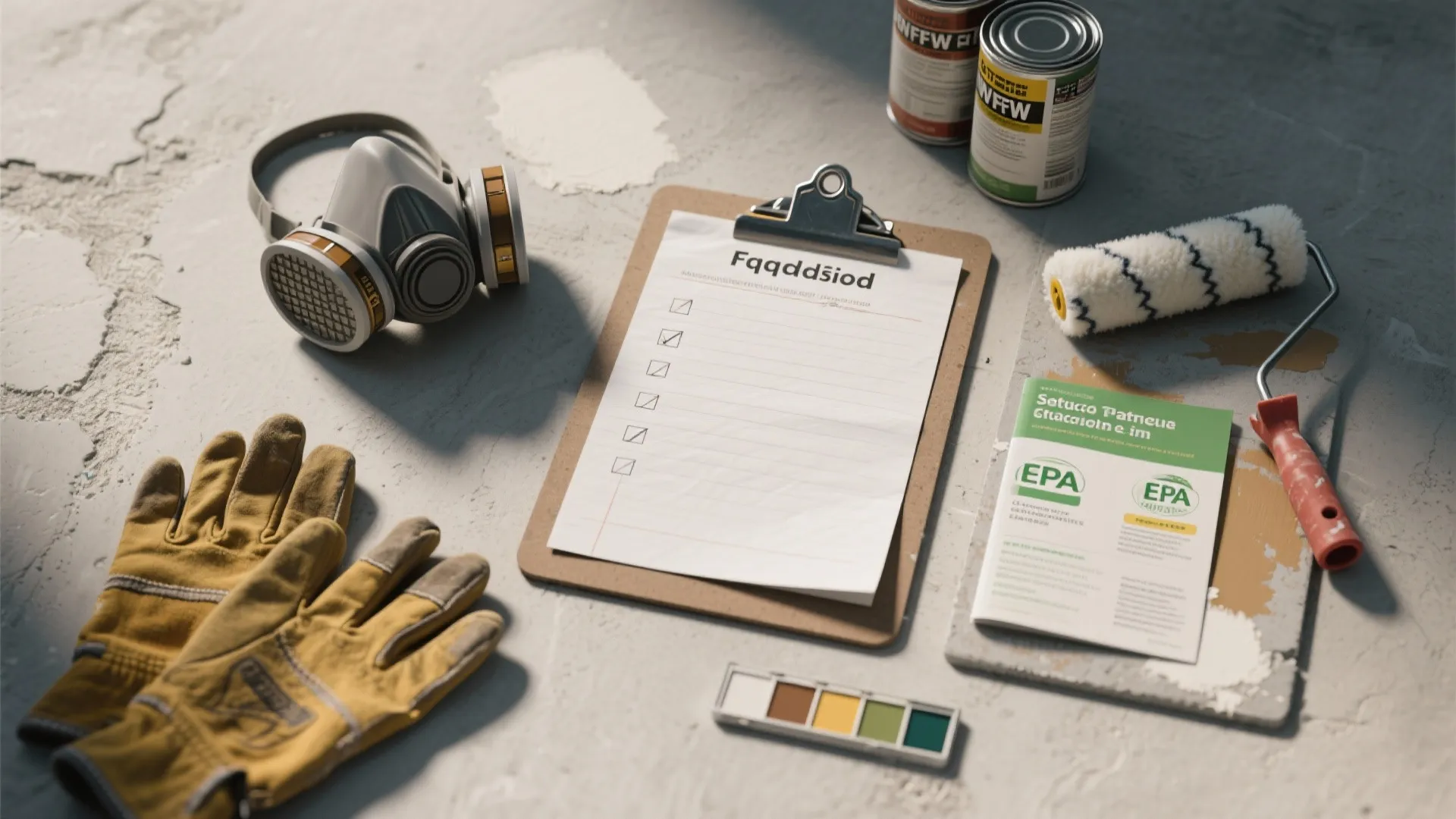 Work site floor with gloves respirator clipboard paint cans roller brush and color samples set
