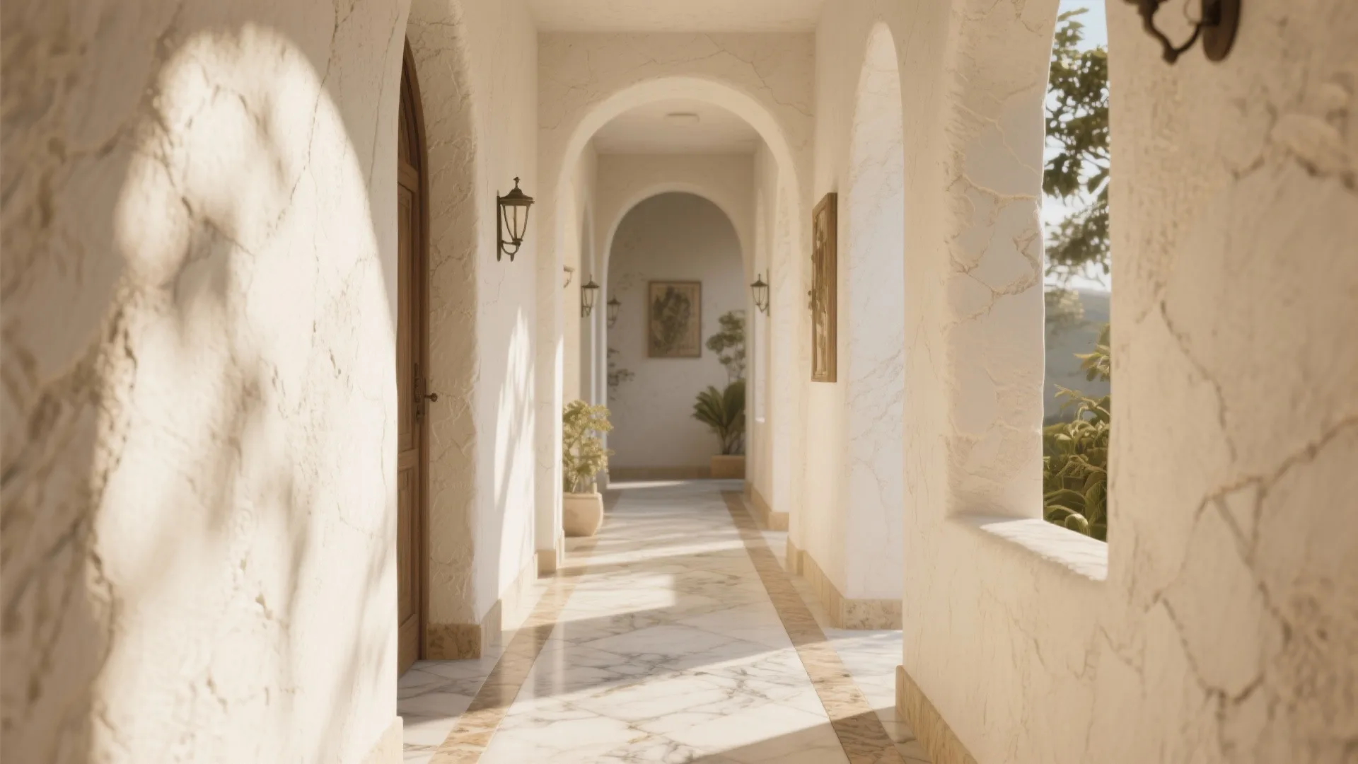 Mediterranean hallway with white textured walls, arched openings, marble tile floor, wall lights, and plants