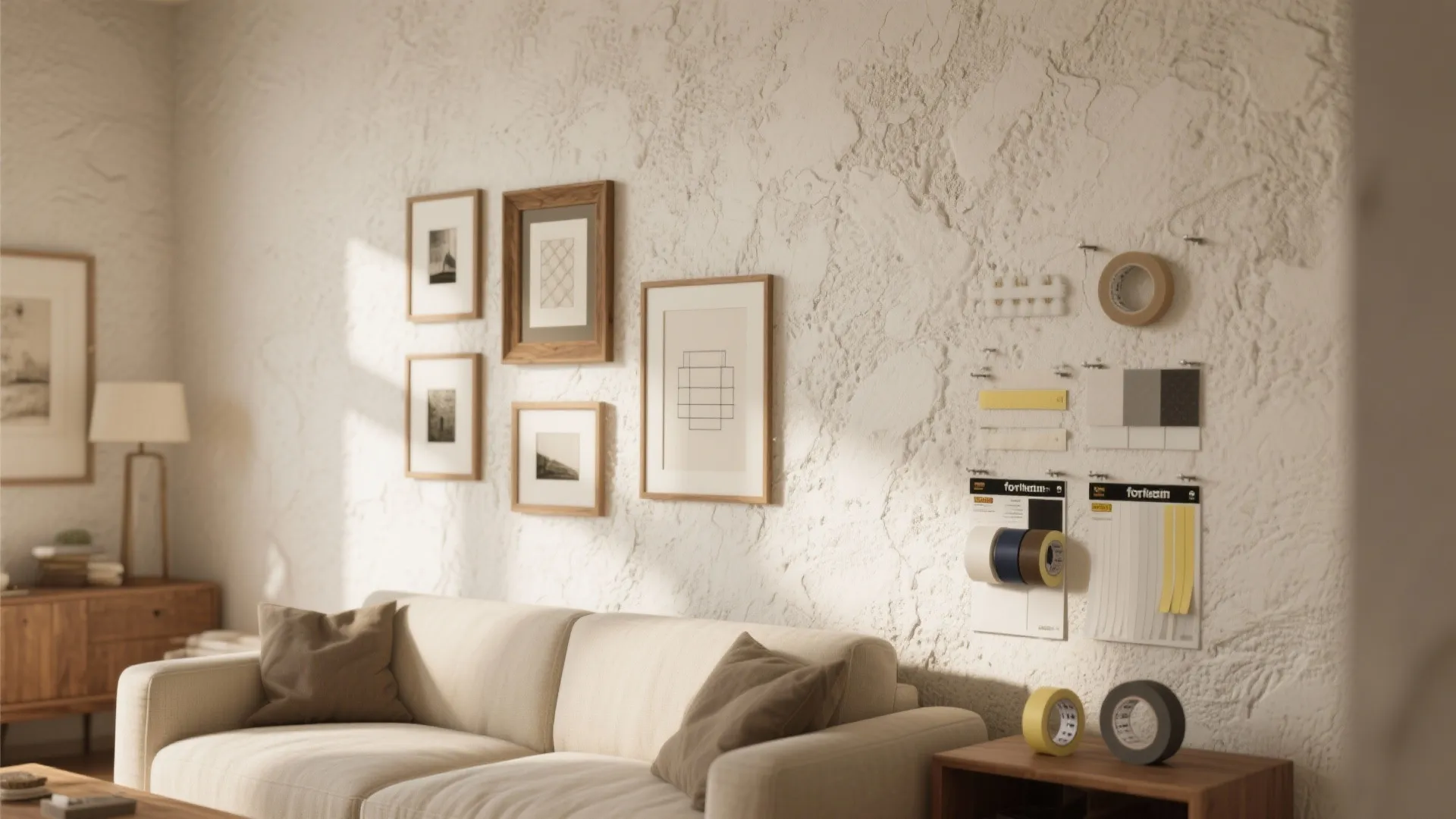Living room with beige sofa and several picture frames hanging on a white textured wall