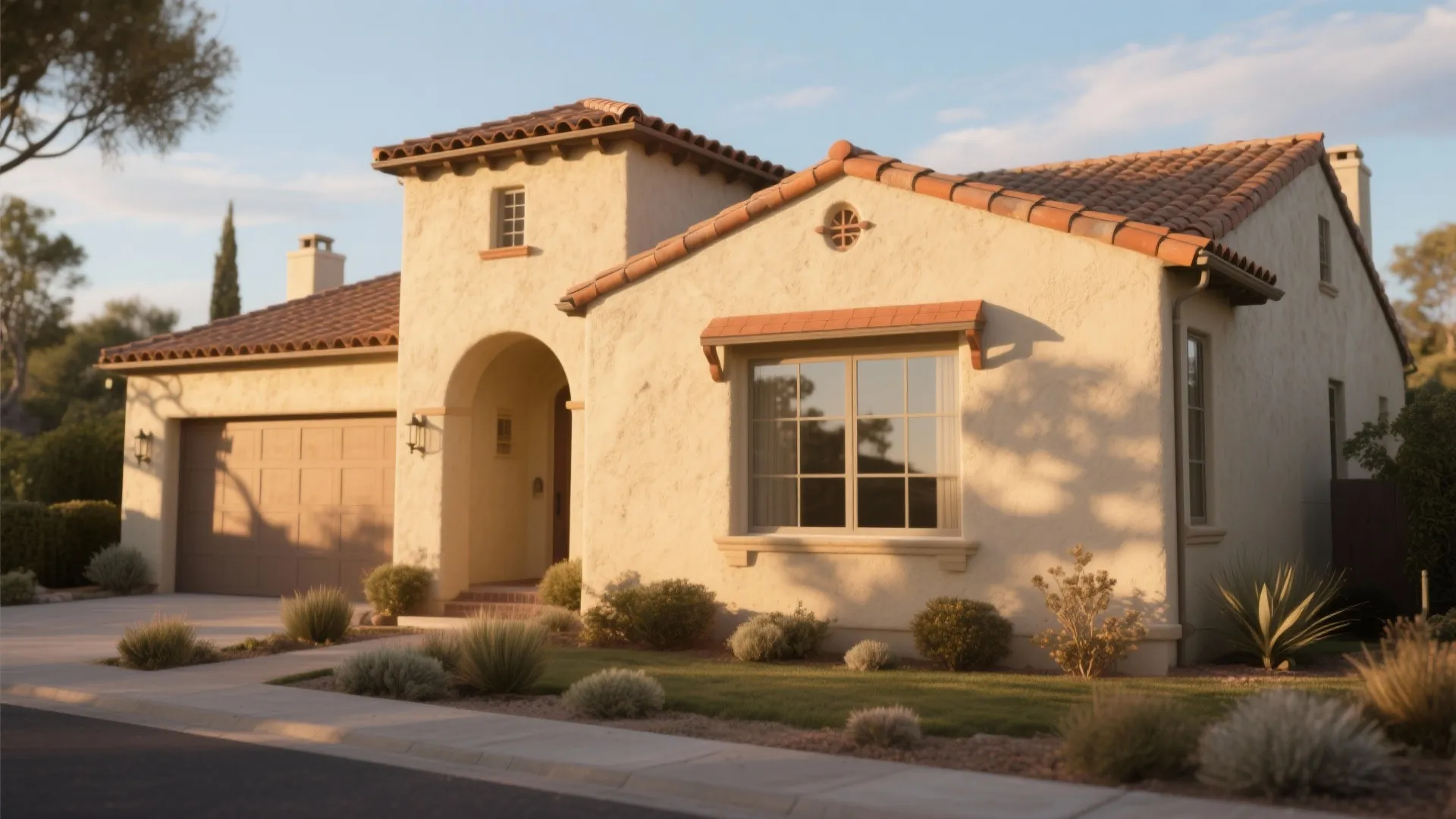 Beautiful mediterranean house with beige stucco walls red tile roof garage and small green garden