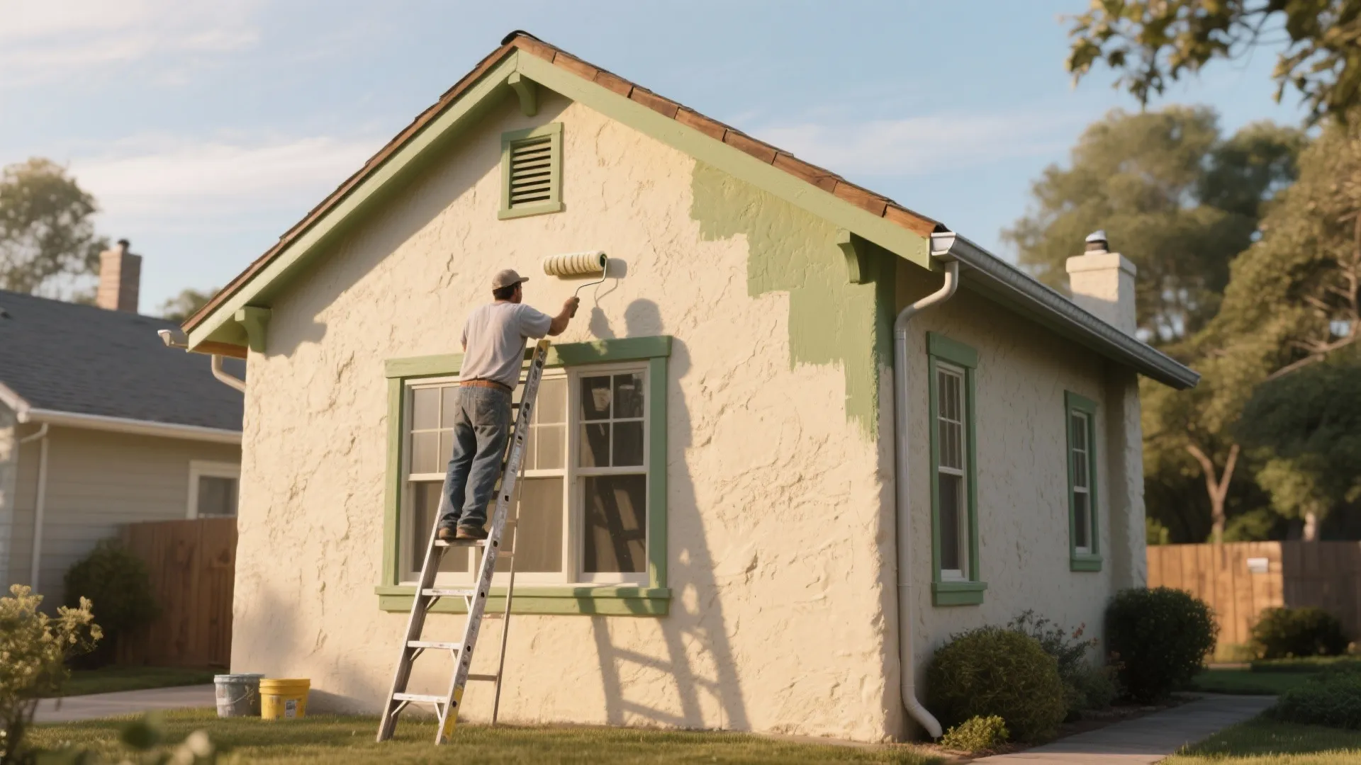Man standing on a ladder painting the exterior house wall with a green paint roller