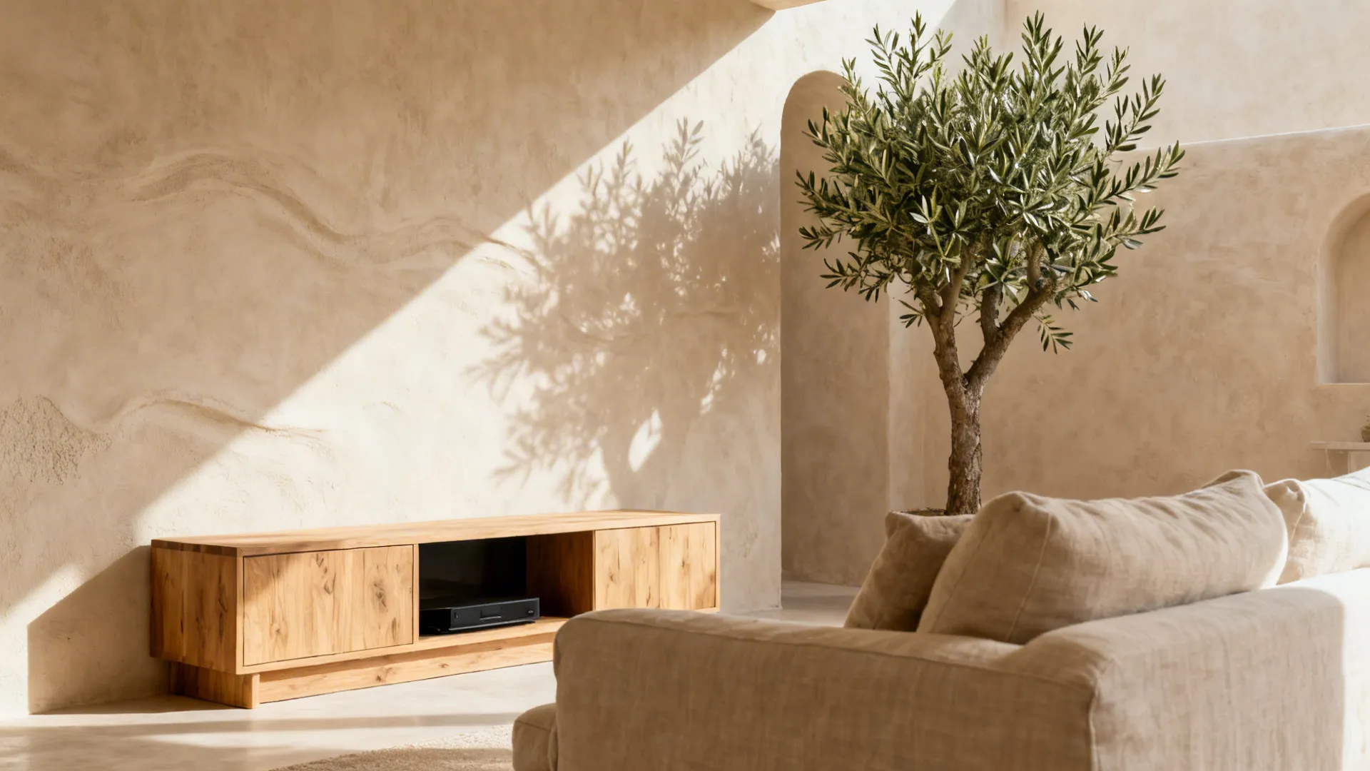 Textured beige living room wall with wooden cabinet green olive tree and natural sun shadows