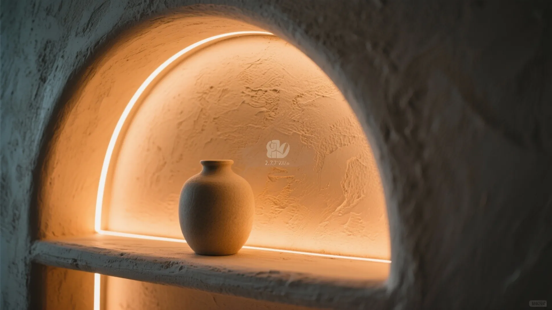 Arched wall shelf with a small vase and warm light fixture on a textured wall