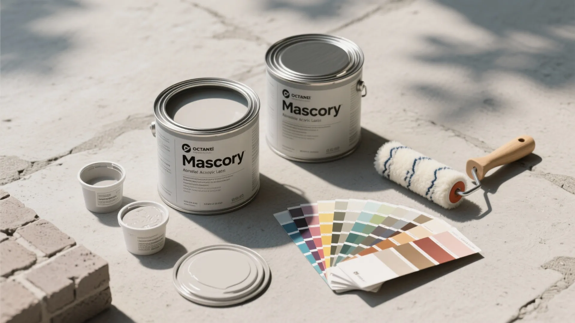 Two paint cans with a paint roller and a colorful swatch fan on the ground