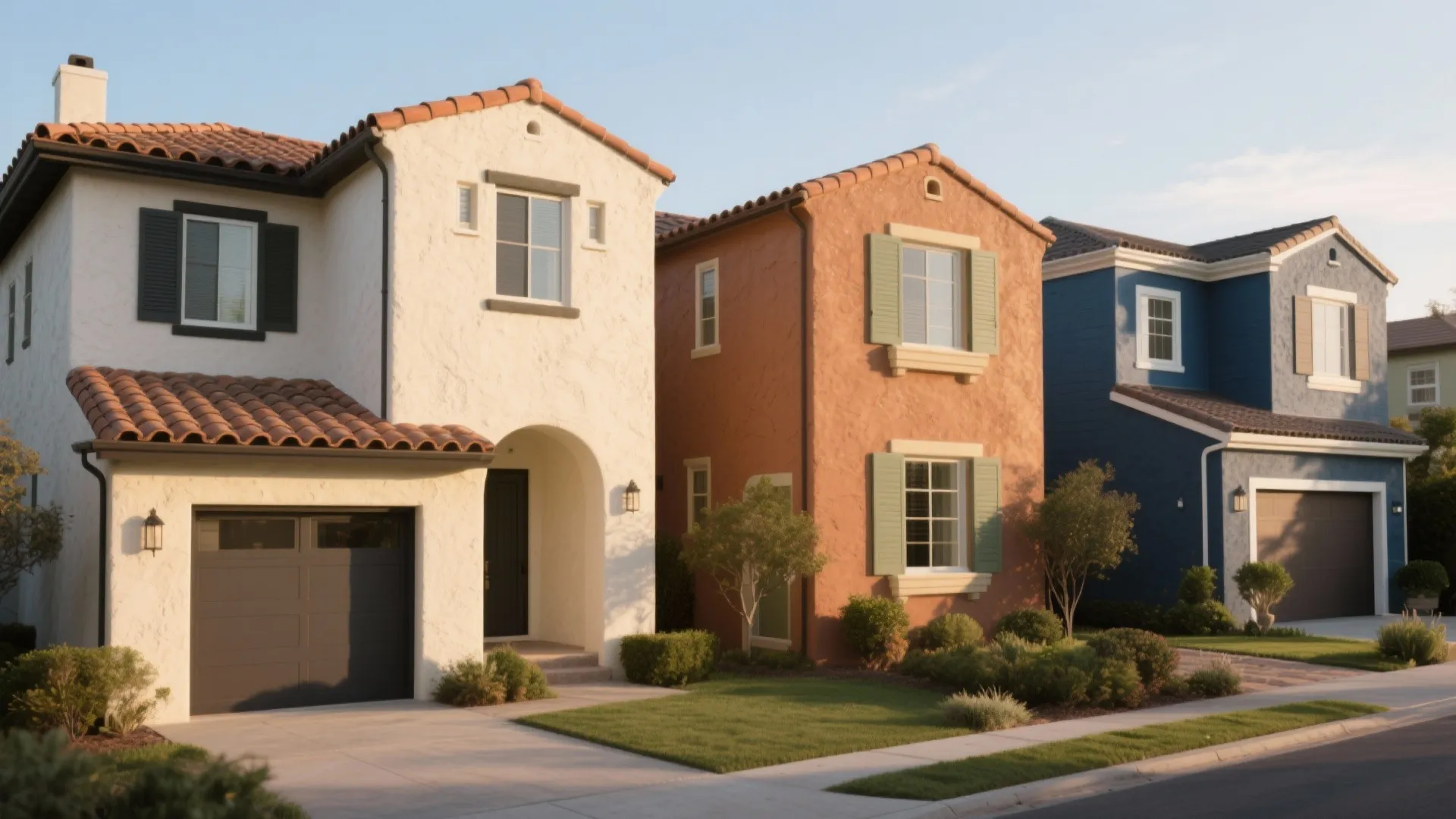 Three houses with white orange and blue walls next to green lawns under clear blue sky