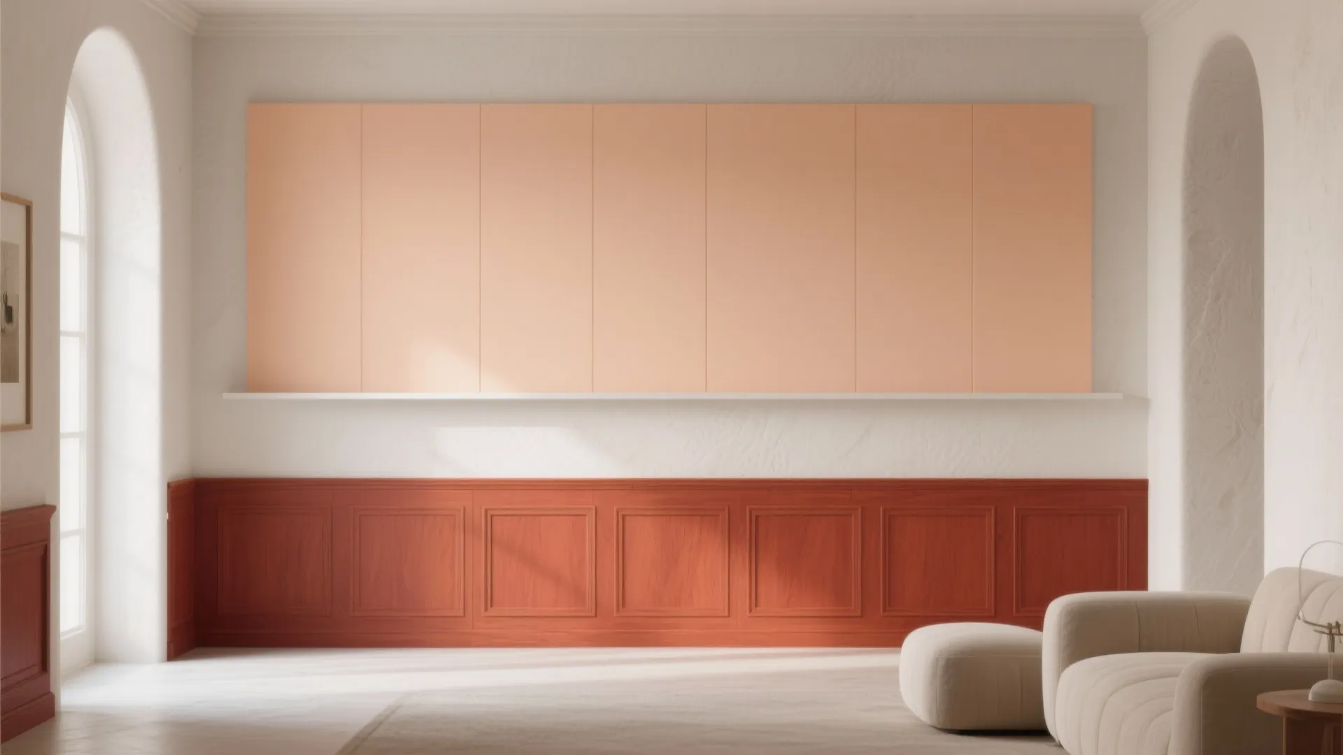 Living room with orange wall panel light peach cabinet white sofa and arched window design