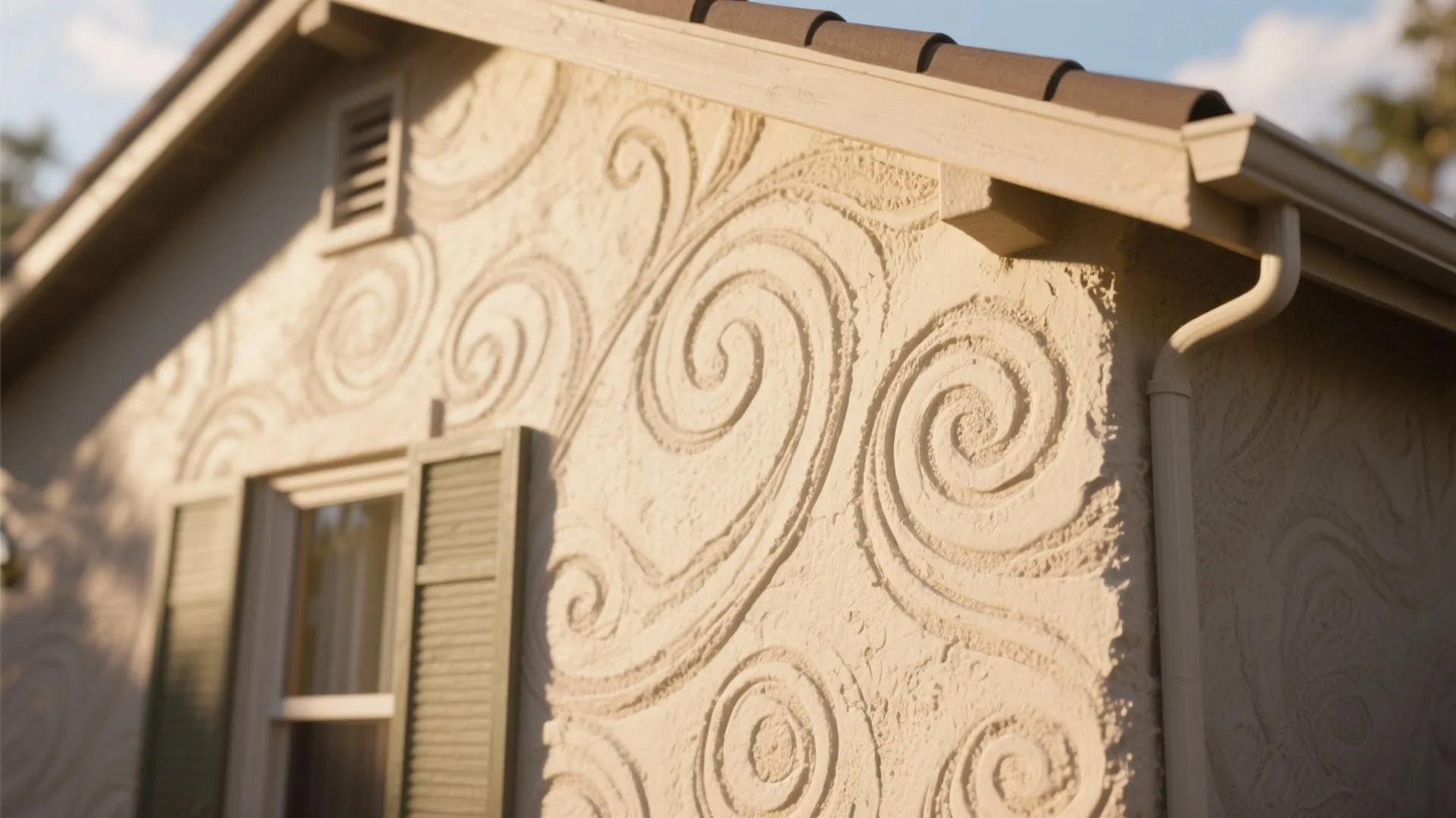 Close-up of exterior house wall with decorative swirl plaster pattern, window shutters, and roof gutter