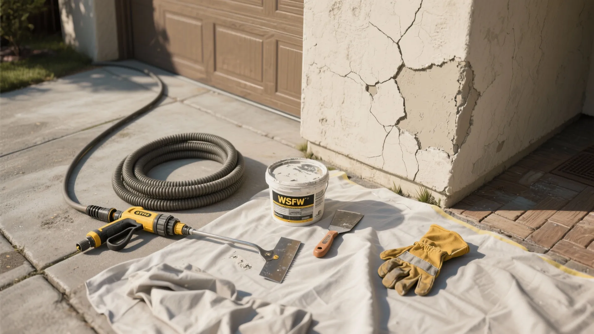 Wall repair tools with bucket and gloves placed near a damaged outdoor house wall surface