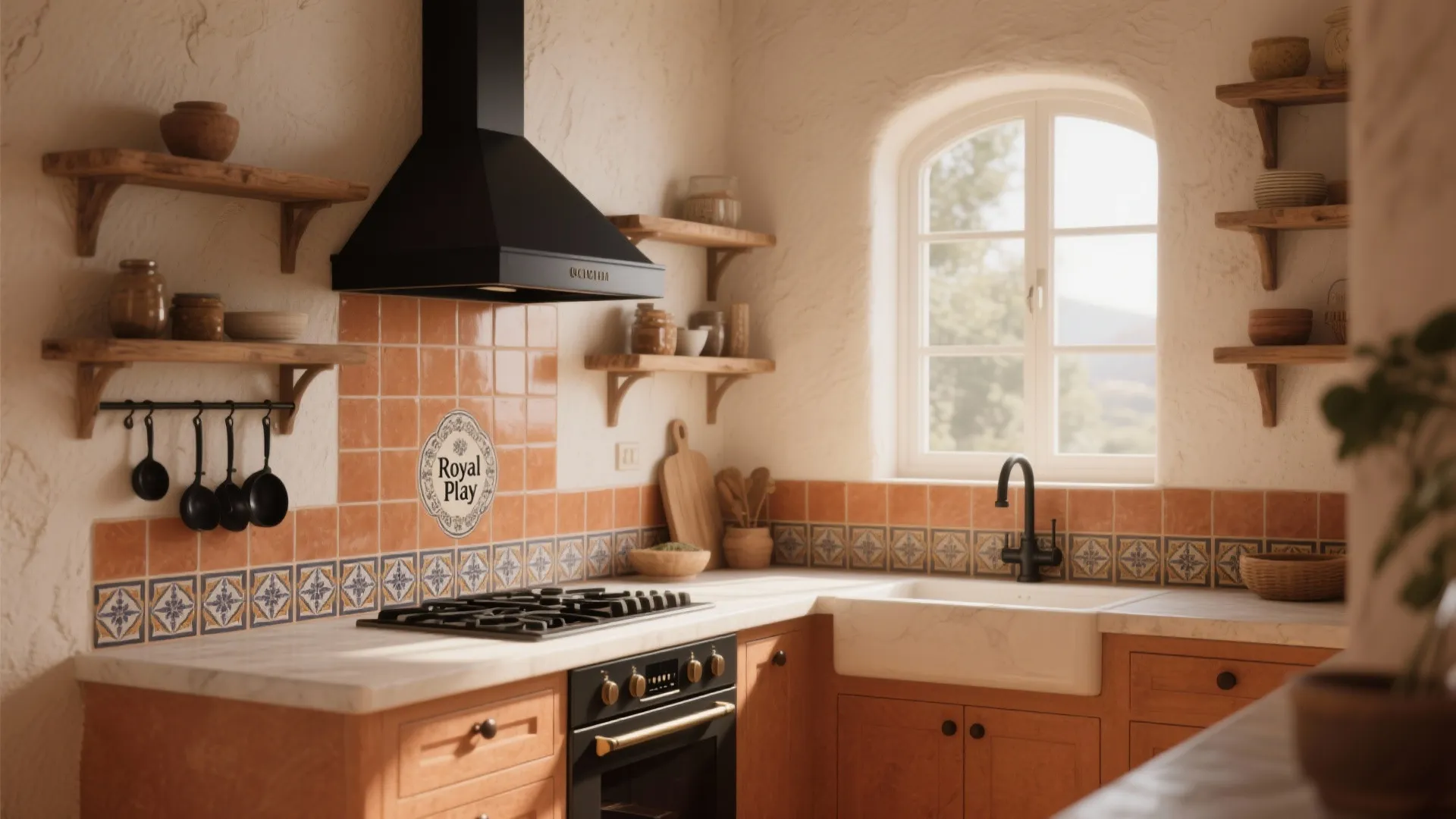 Rustic kitchen with black range hood orange tiles white sink wooden shelves and a window
