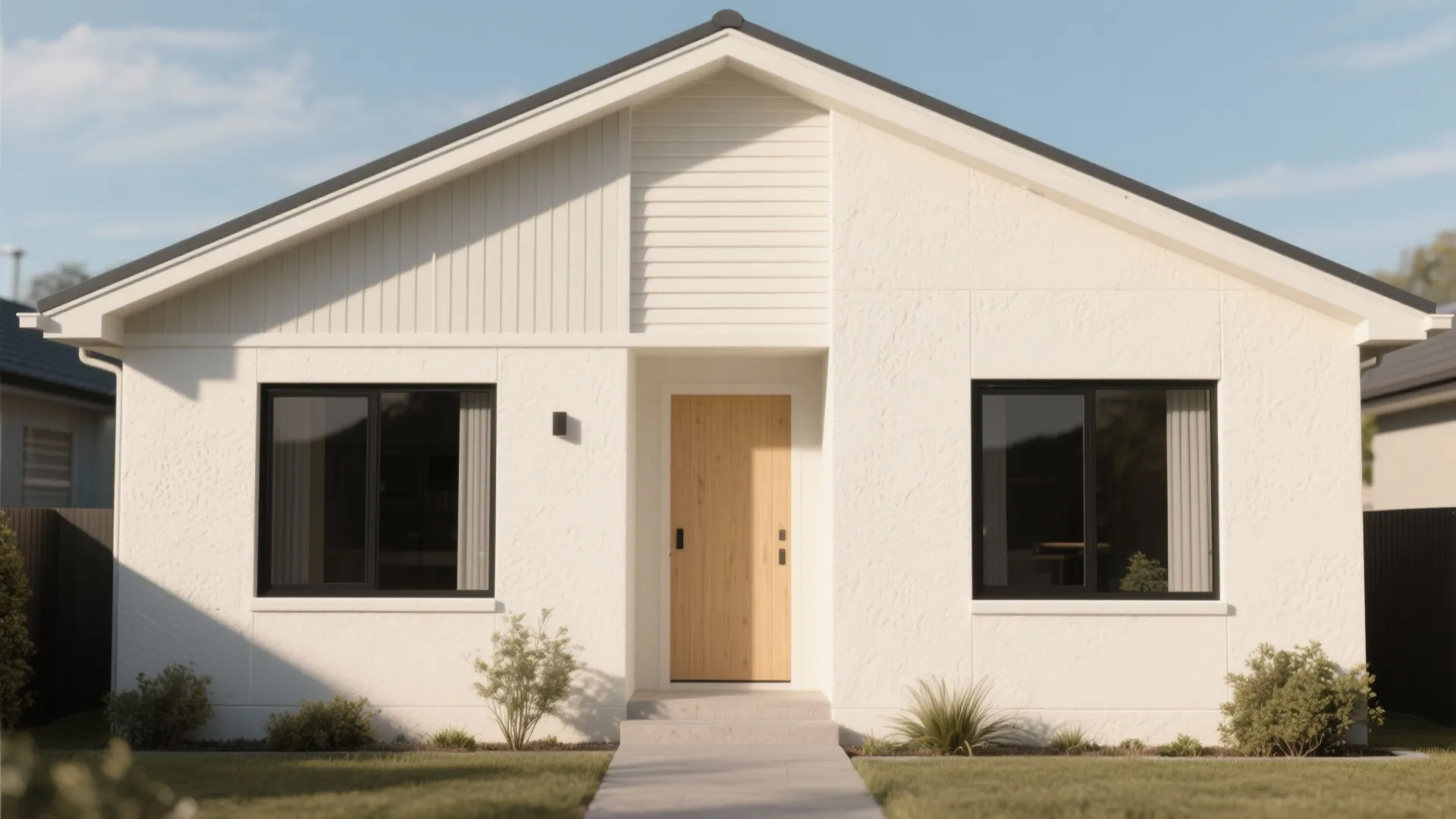 Textured stucco (rainscreen‑ready) for soft modernism