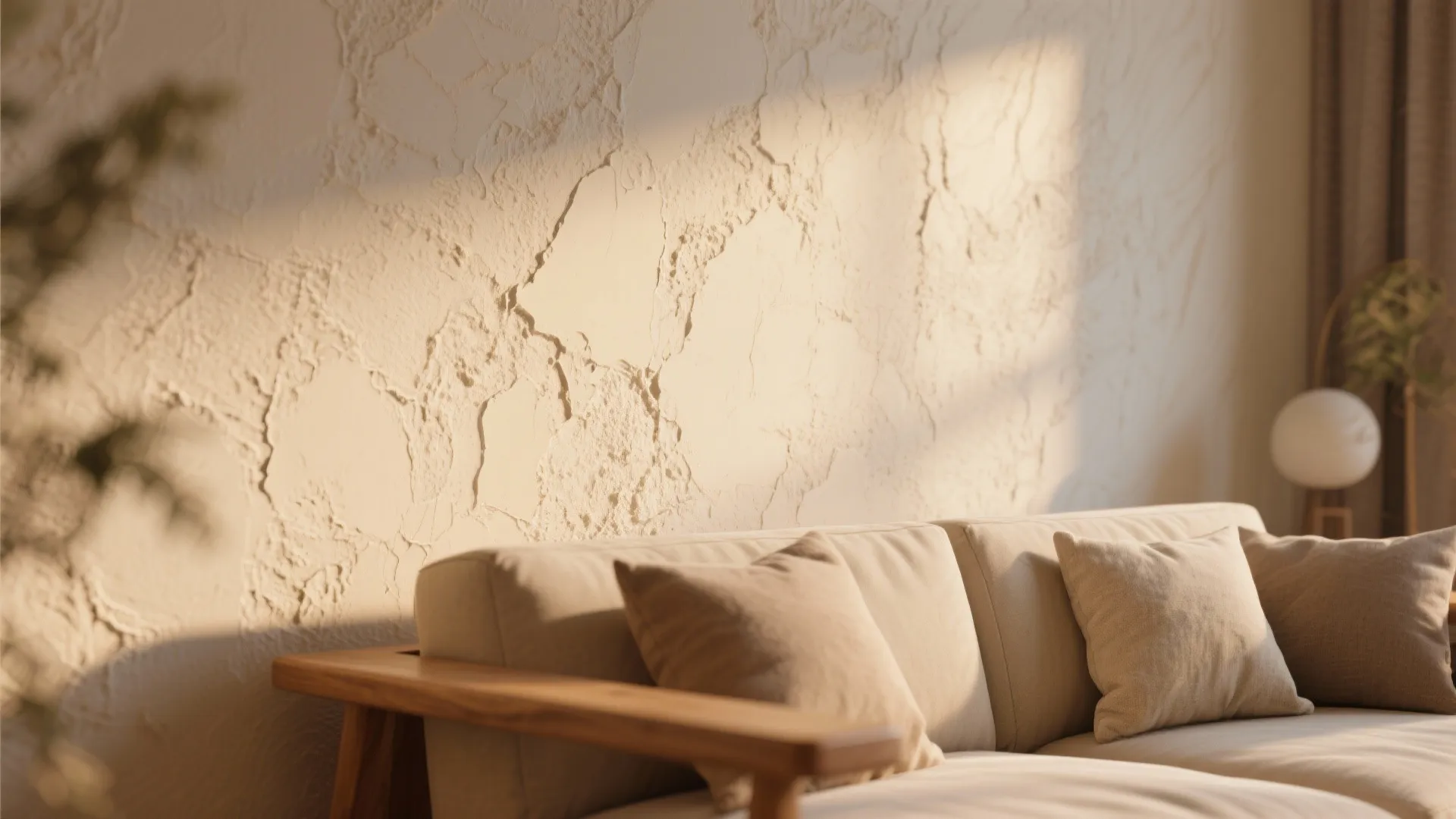Modern living room with beige sofa and textured wall design featuring warm sunlight and pillows