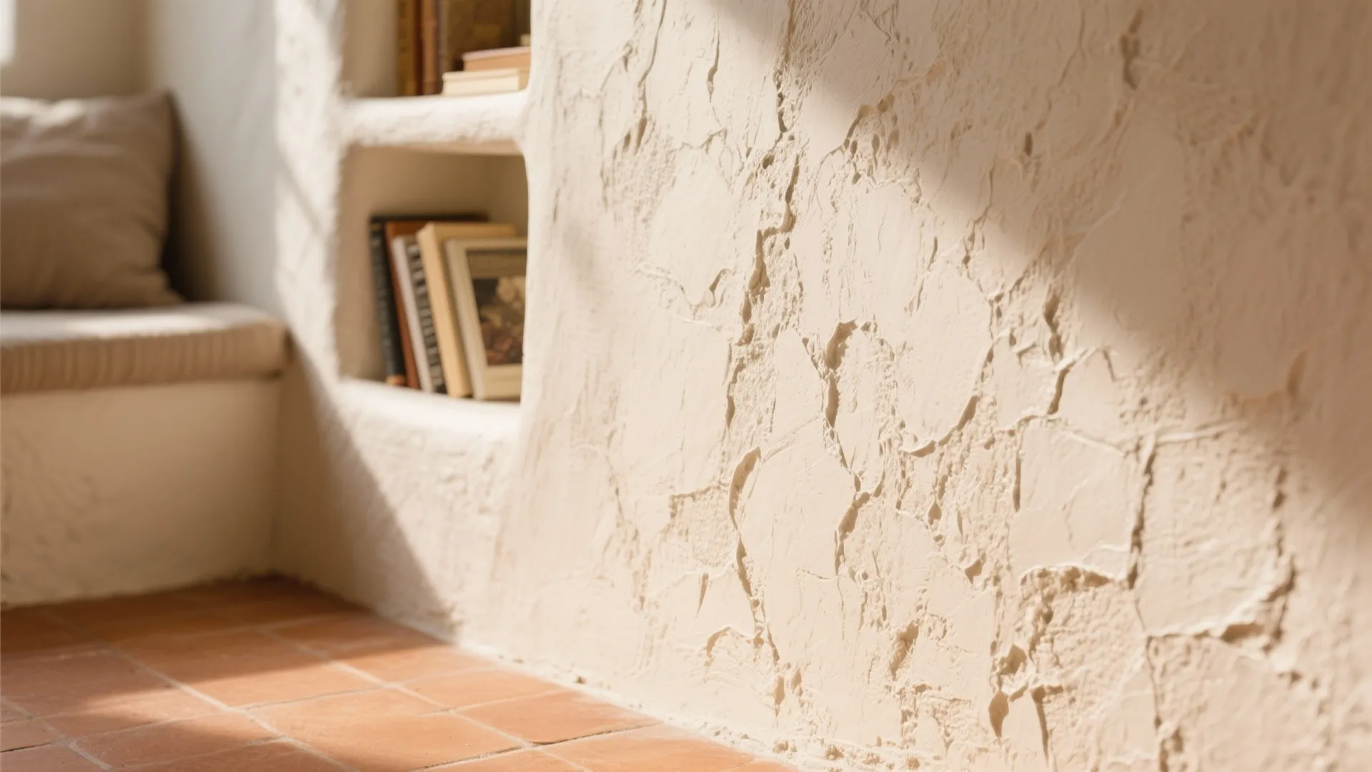 Close-up of light stucco wall with uneven texture and soft warm shadows