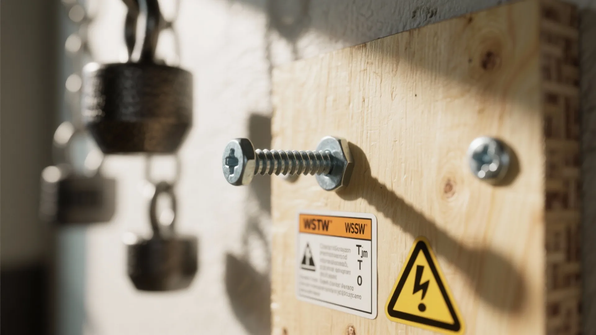 Close up of a metal screw driven into a wood panel with safety warning label