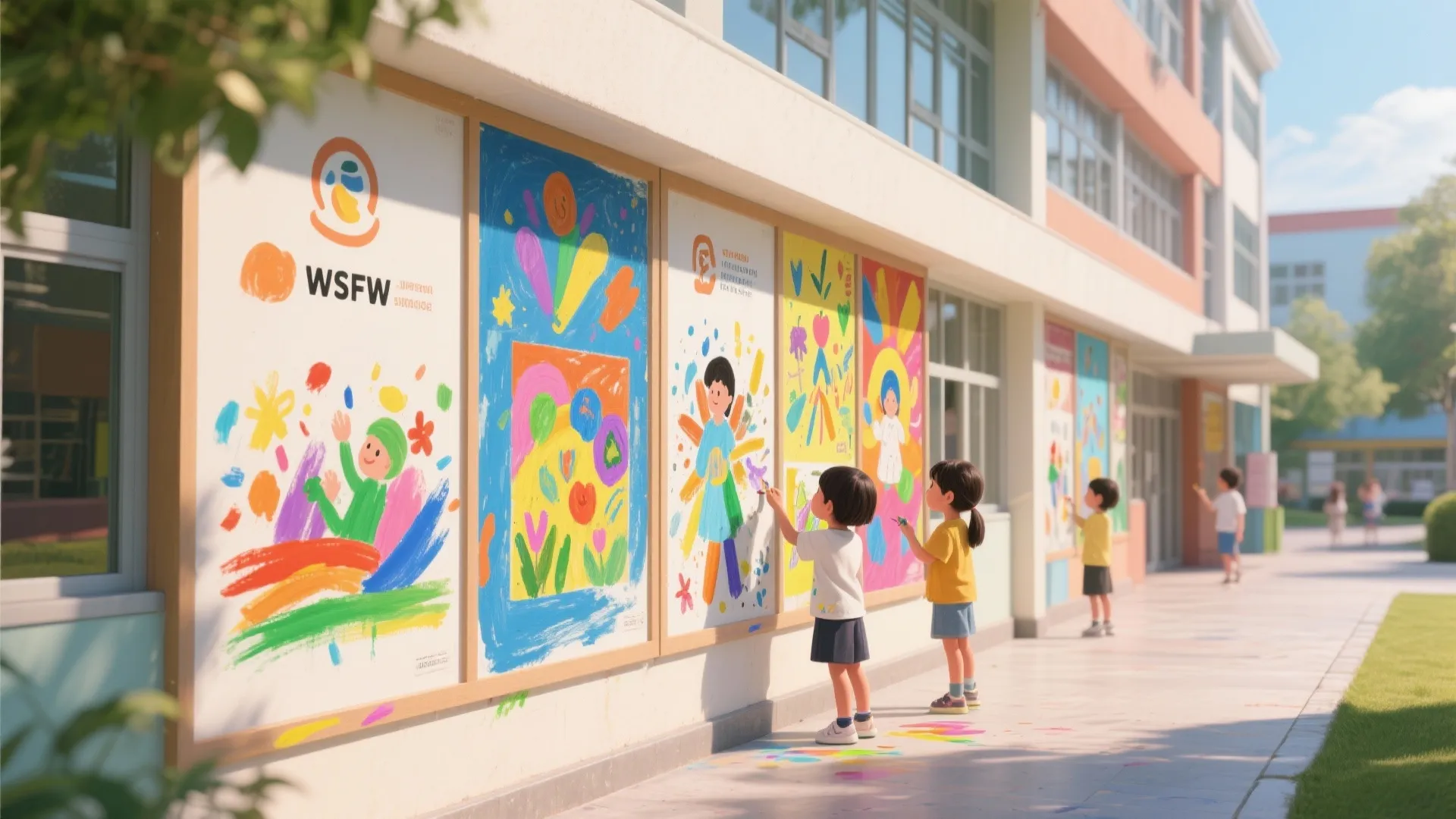 School wall with diverse student artwork on rotating panels