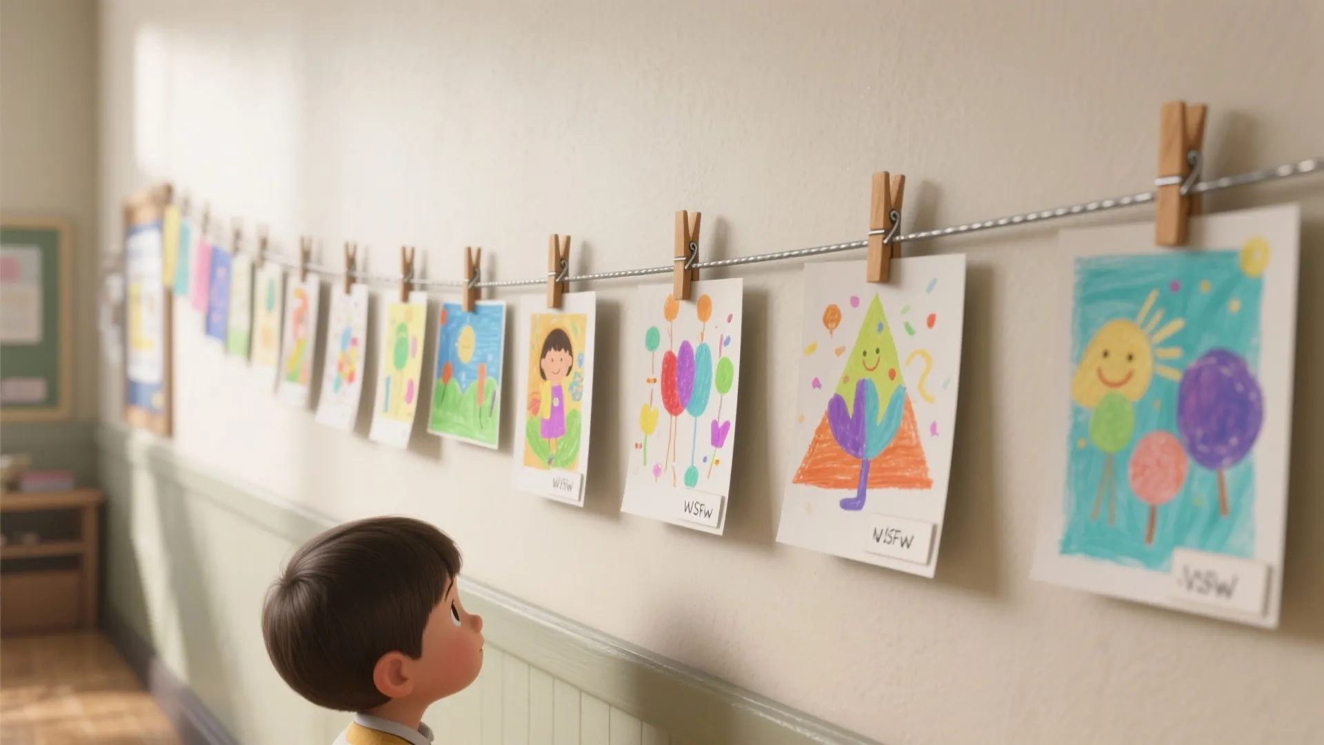 A young boy looking at colorful drawings hanging with wooden clips on a long wire