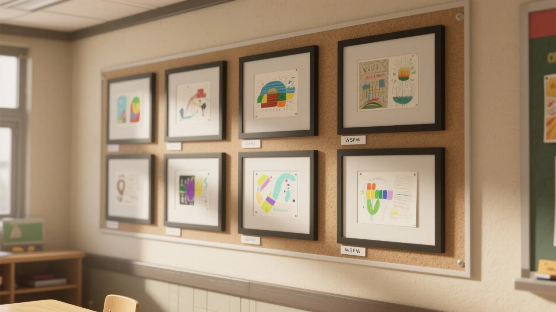 Classroom gallery wall showing eight black frames with colorful student drawings on a cork board