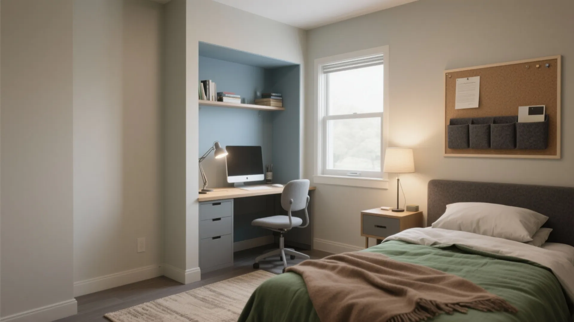 Modern bedroom with green bed, wooden desk in blue nook, computer, chair, window, and light