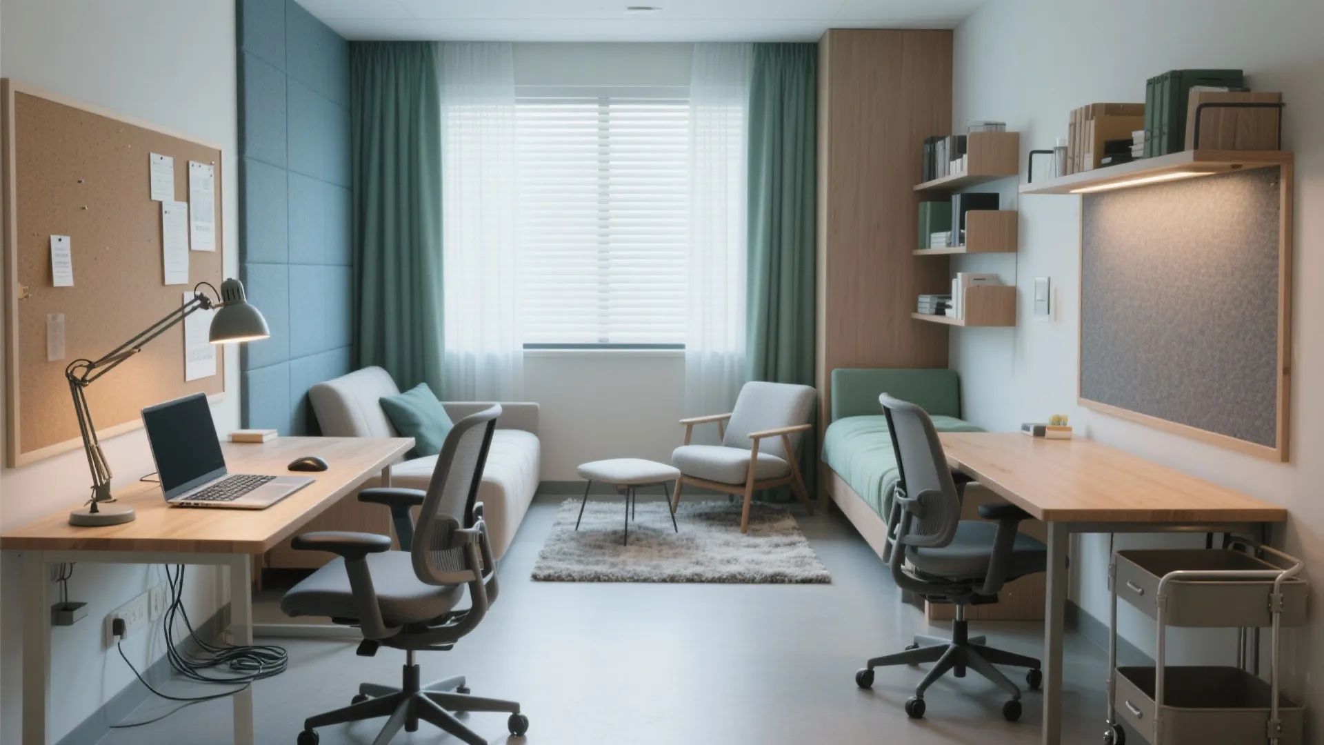 Modern student dormitory room with two wooden desks office chairs beds shelving and large window area