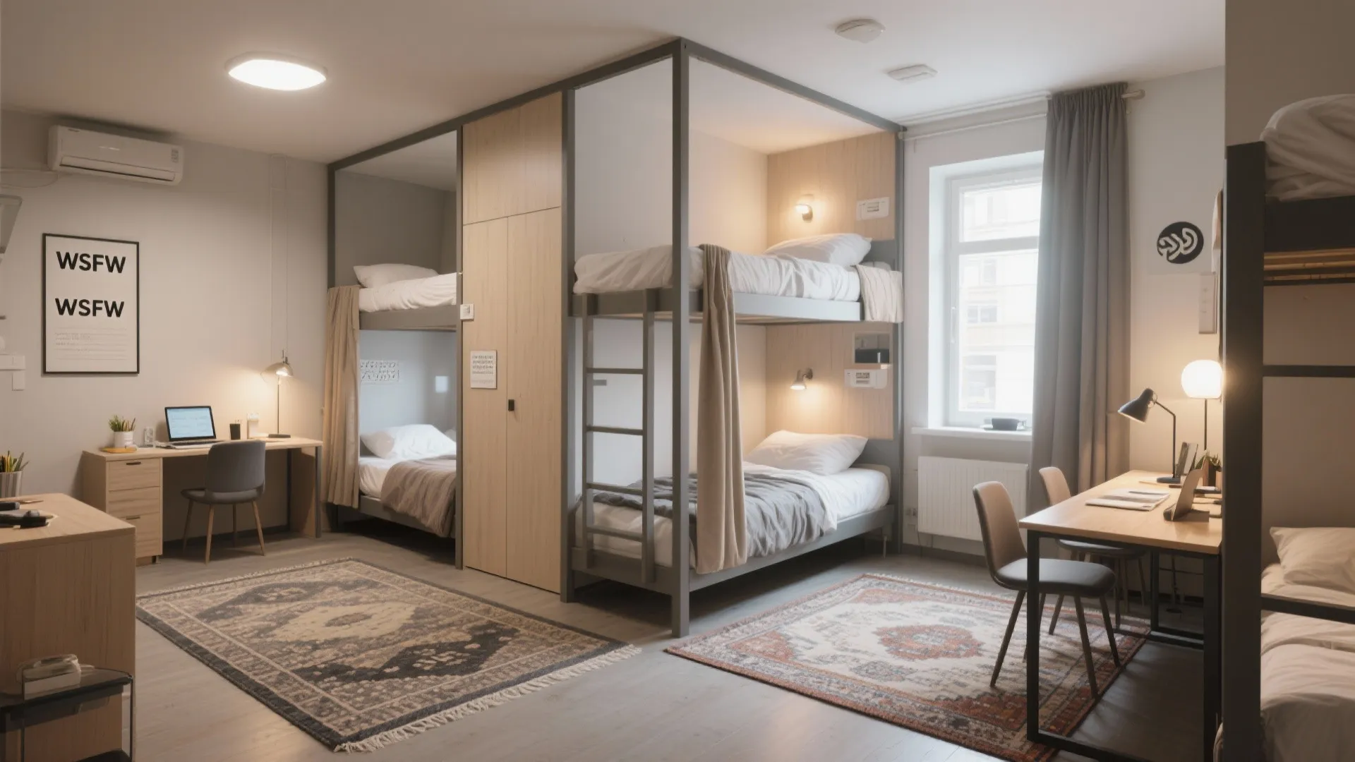 Modern dorm room with multiple bunk beds plus two separate study desks and floor rugs