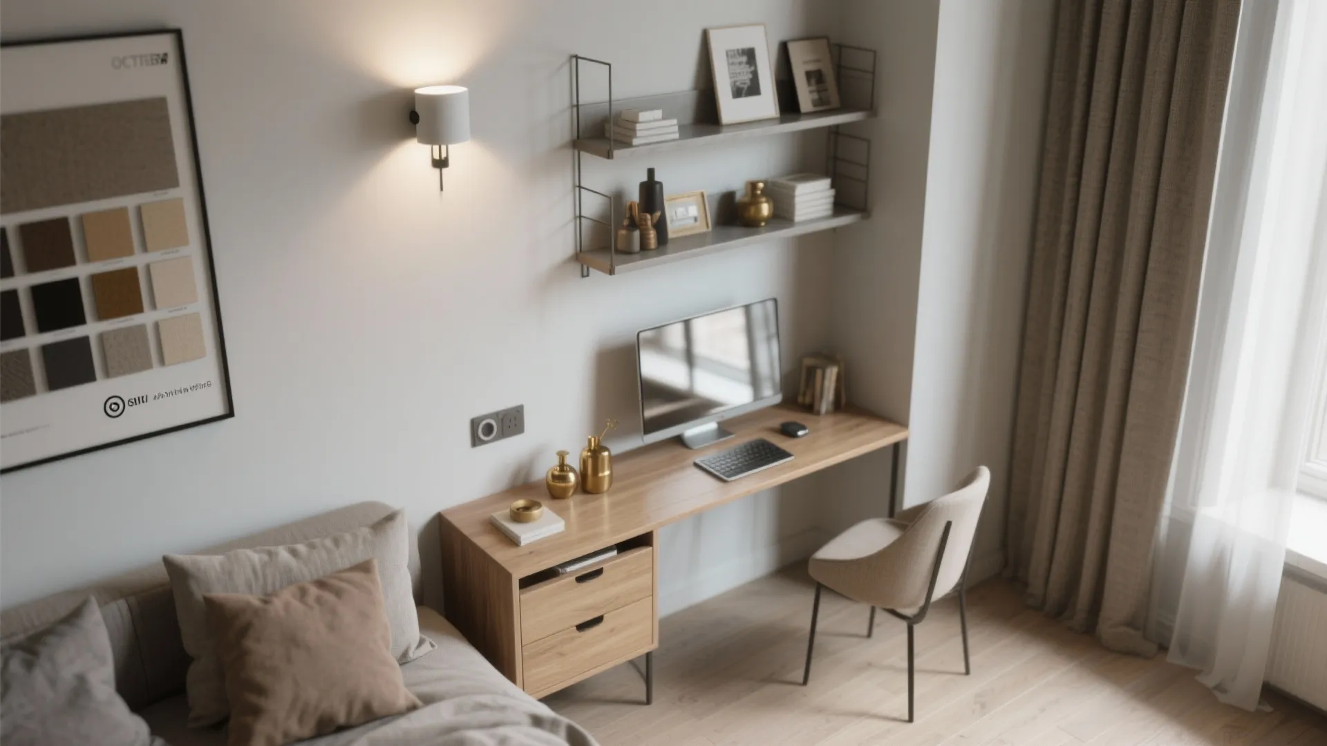 Minimalist home office setup with wooden desk computer chair wall shelves and sofa in room