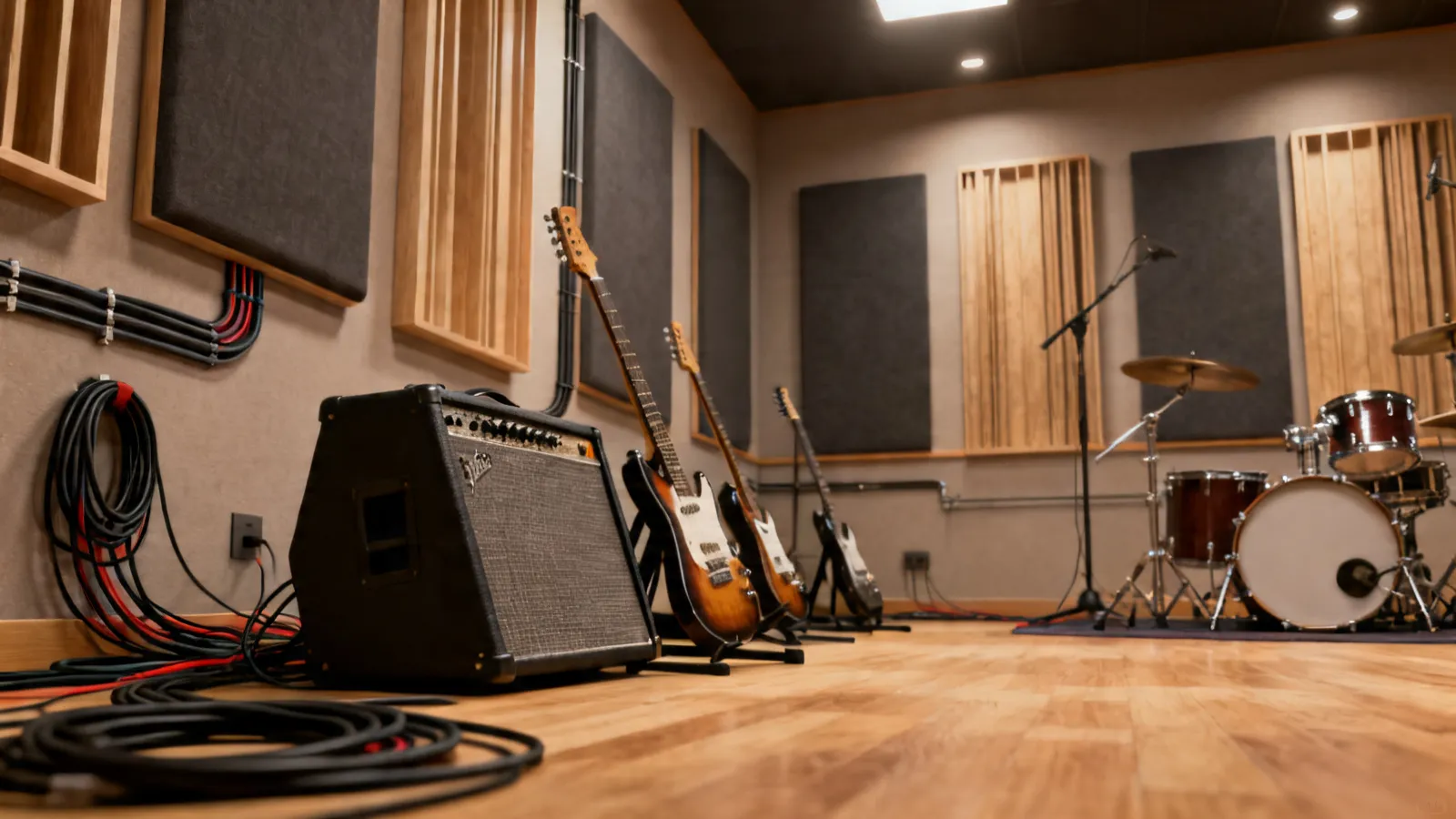 Amplifiers positioned toward musicians in professional rehearsal room