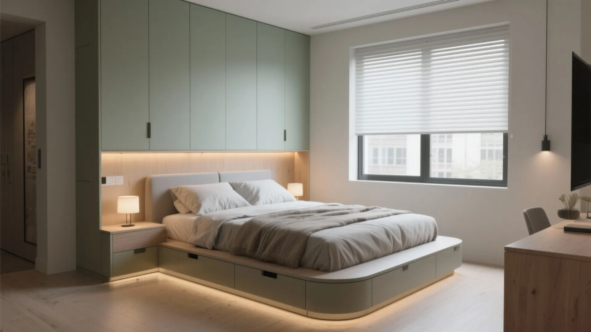 [
  {
    "url": "https://coohom-biz-sg-s3.coohom.com/ins/static/article/studio-bed-solutions-1765147454268658400.jpg",
    "alt": "Modern bedroom with green cabinets wooden platform bed white window blinds and warm bedside lamps"
  }
]